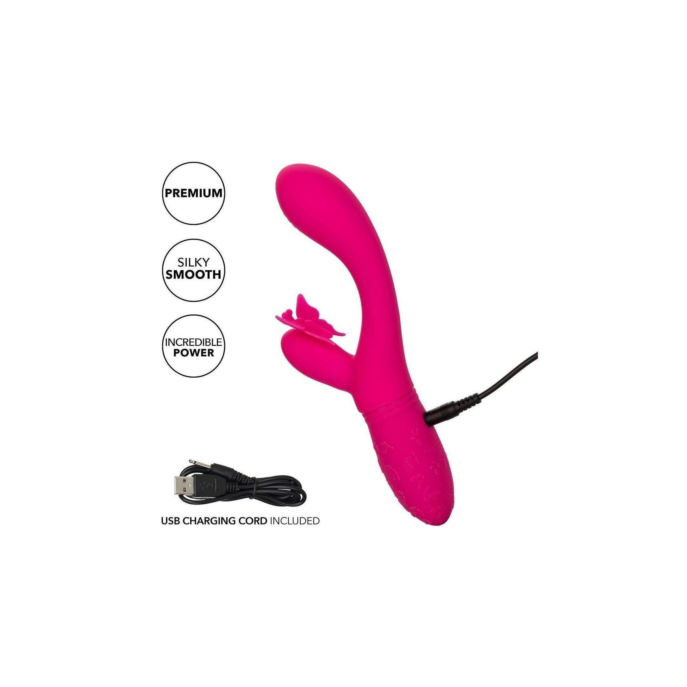 Rosa Vibrator mit Schmetterlingsdesign. USB-Ladekabel enthalten. Schwarzer Hintergrund.