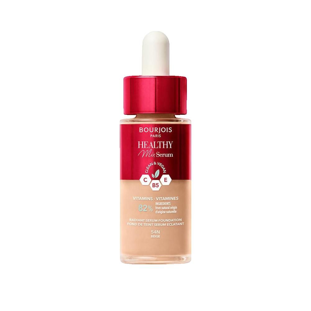 Fläschchen Bourjois Healthy Mix Serum Foundation. Roter Deckel, transparente Flasche mit beiger Flüssigkeit. Aufschrift: Healthy Mix Serum, 54N Beige.