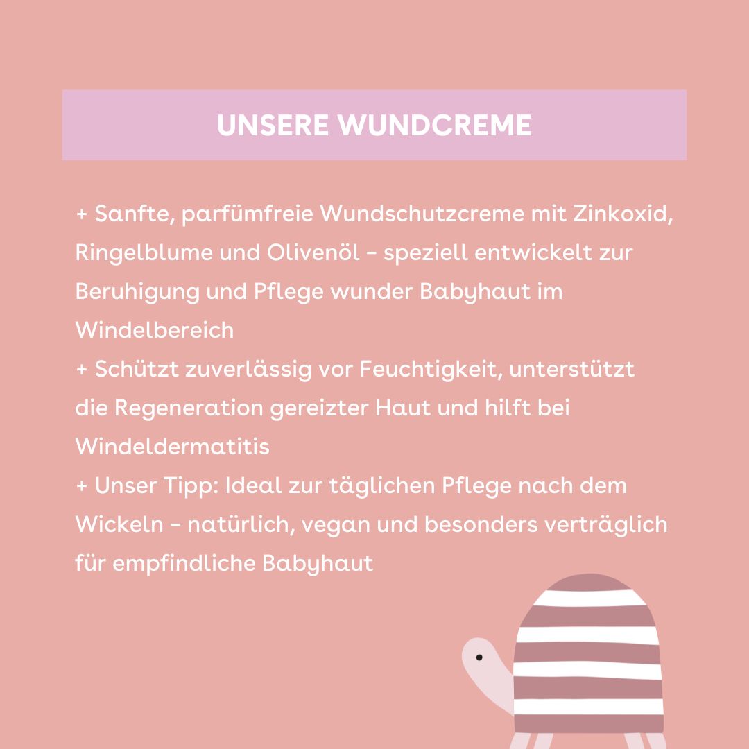Text mit Produktinformationen: Wundschutzcreme für Babys. Enthält Zinkoxid, Ringelblume und Olivenöl. Vegan und für empfindliche Haut.