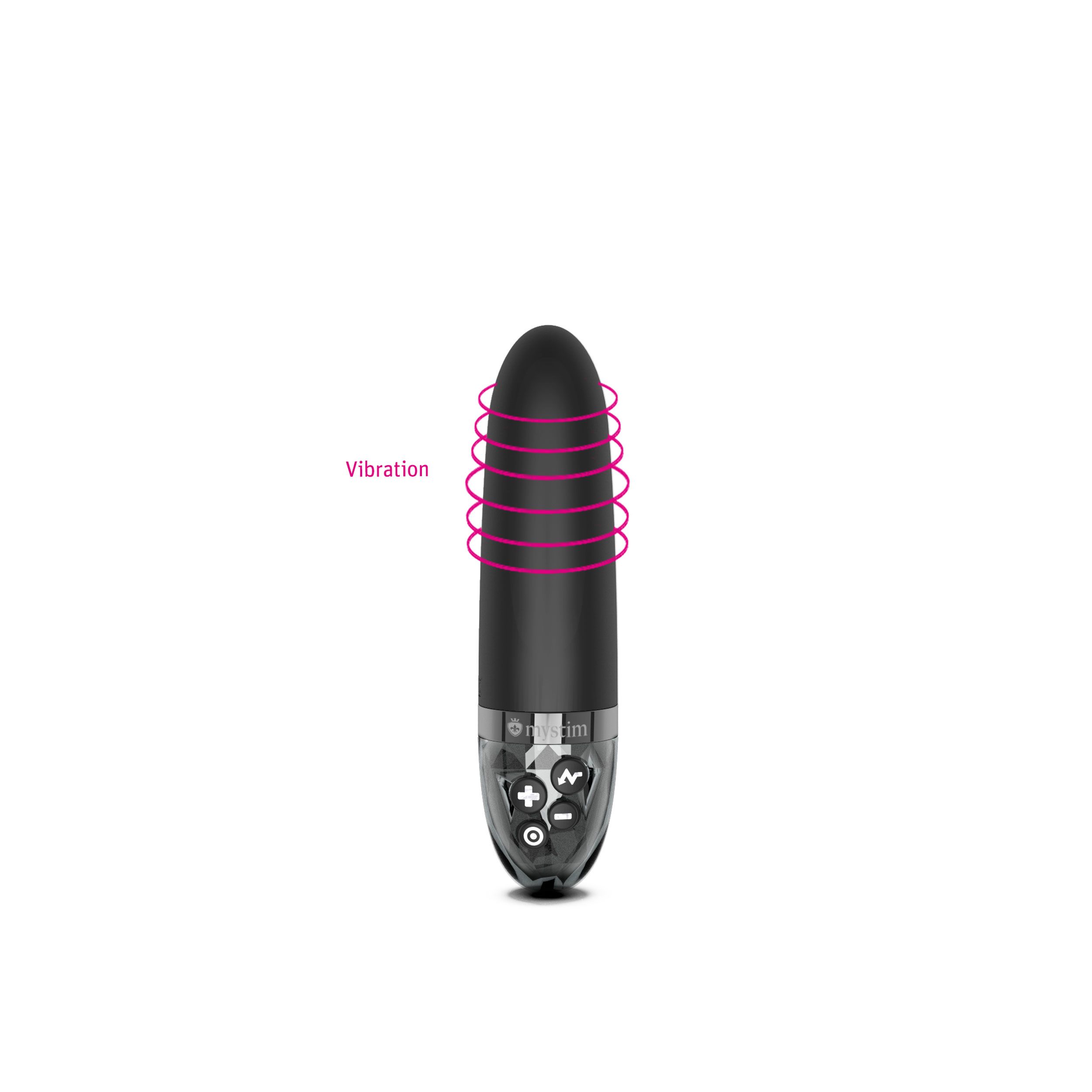 Schwarzer Vibrator mit Bedienknöpfen und Vibration-Grafik.