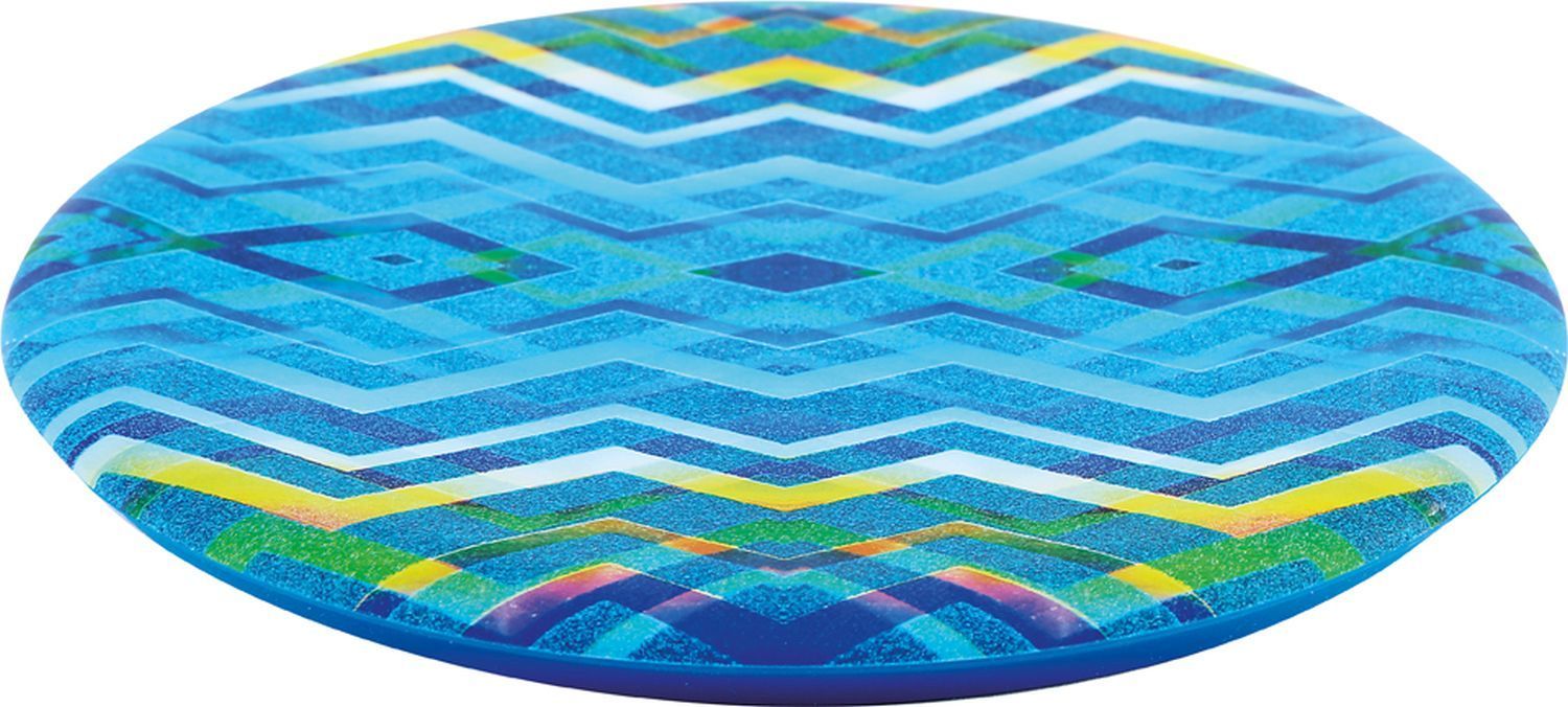 Ovale, blaue Scheibe mit Zickzack-Muster in Blau- und Grüntönen. Farbverlauf auf der Oberfläche.