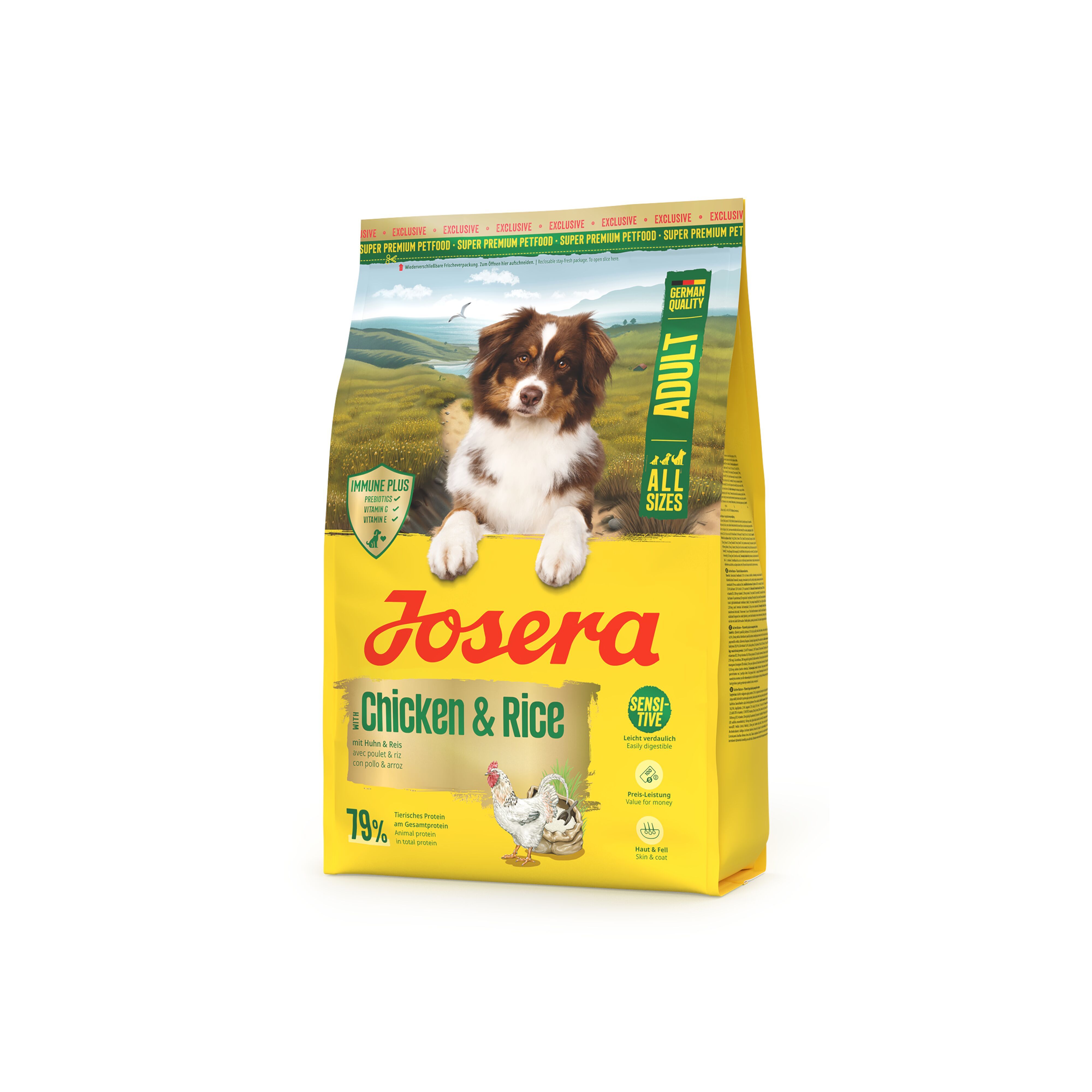 Gelbe Verpackung von JOSERA Adult Chicken & Rice. Hund auf Verpackung. Text: Chicken & Rice, Adult, All Sizes.