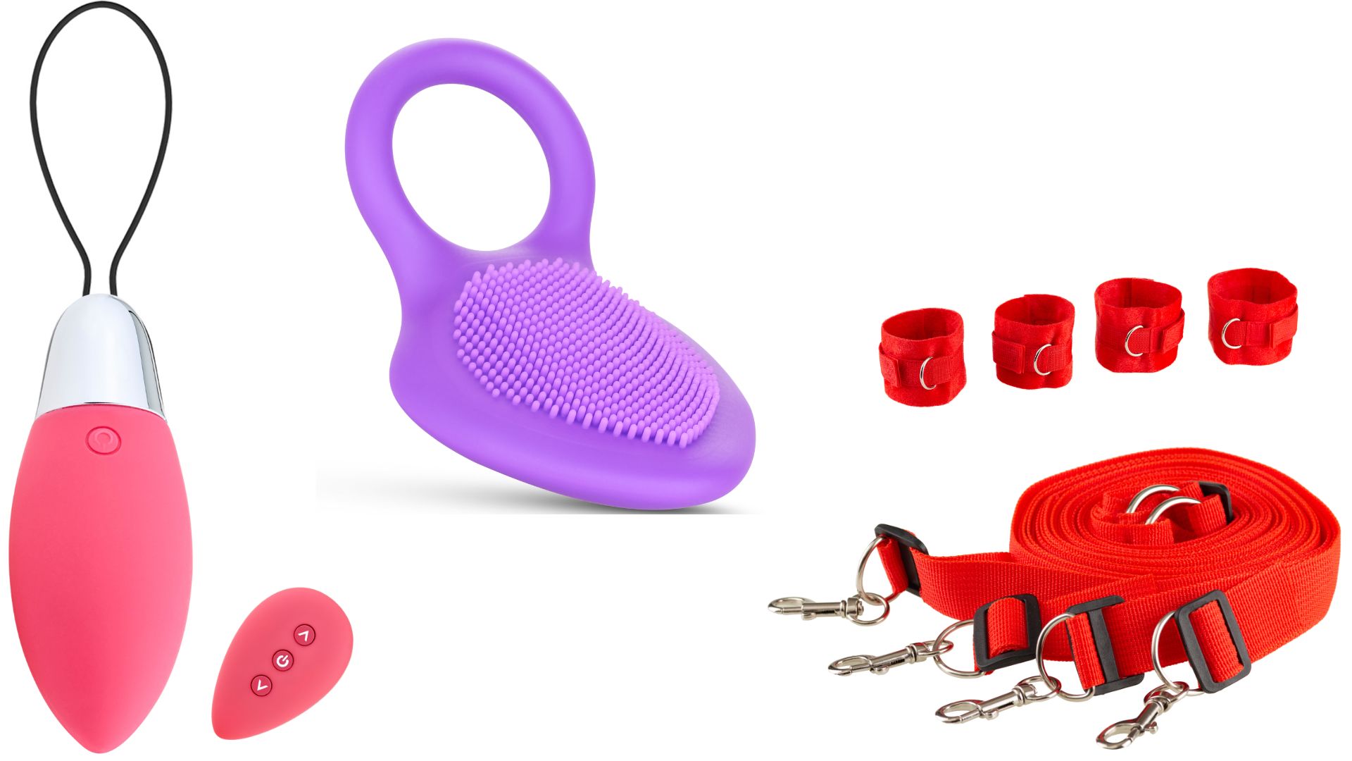Verschiedene Erotikspielzeuge: Vibrator, Ringvibrator, Fesseln und Gurte.