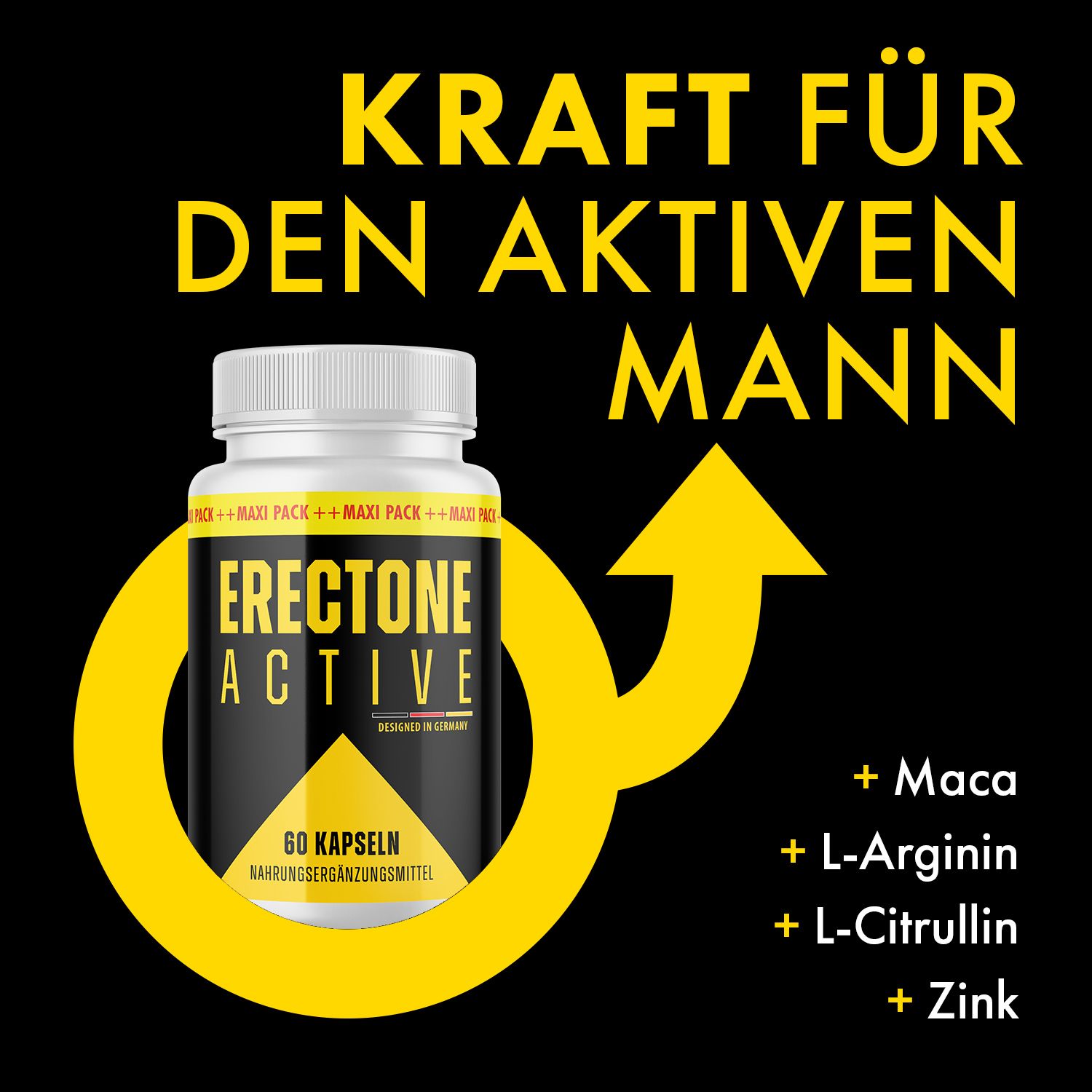Schwarzer Hintergrund mit gelbem Pfeil und Männlichkeits-Symbol. Weiße Flasche mit gelbem Etikett: ERECTONE ACTIVE. Enthält 60 Kapseln. Inhaltsstoffe.