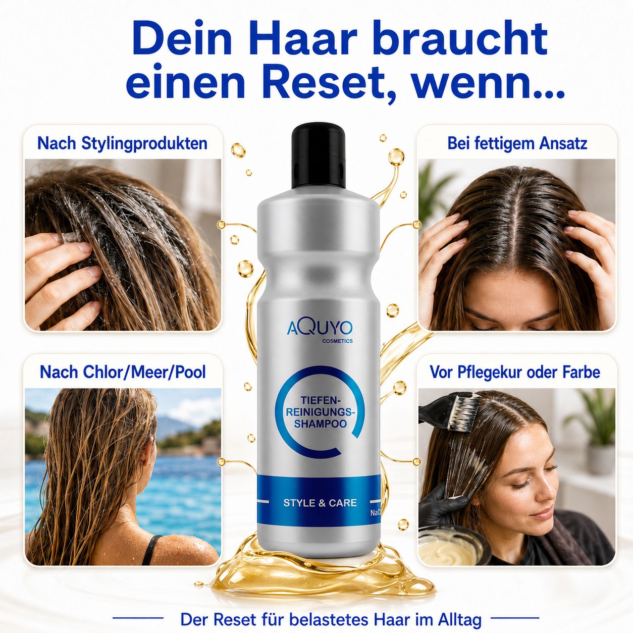 Silberne Shampoo-Flasche mit schwarzem Deckel. Text: Tiefenreinigungs-Shampoo, Style & Care. Bilder von Haarzuständen.