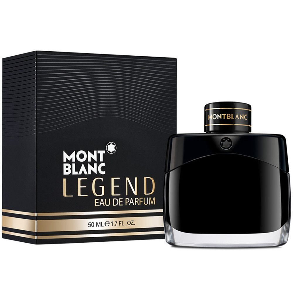 Schwarzer Flakon und Verpackung. Aufschrift: MONTBLANC LEGEND EAU DE PARFUM. 50 ml. Schwarze Verpackung mit goldenen Akzenten.