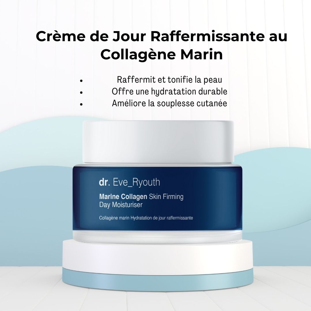 Tagesfeuchtigkeitscreme auf einer erhöhten Plattform. Beschriftung: Marine Collagen Skin Firming Day Moisturiser. Text: Crème de Jour Raffermissante.