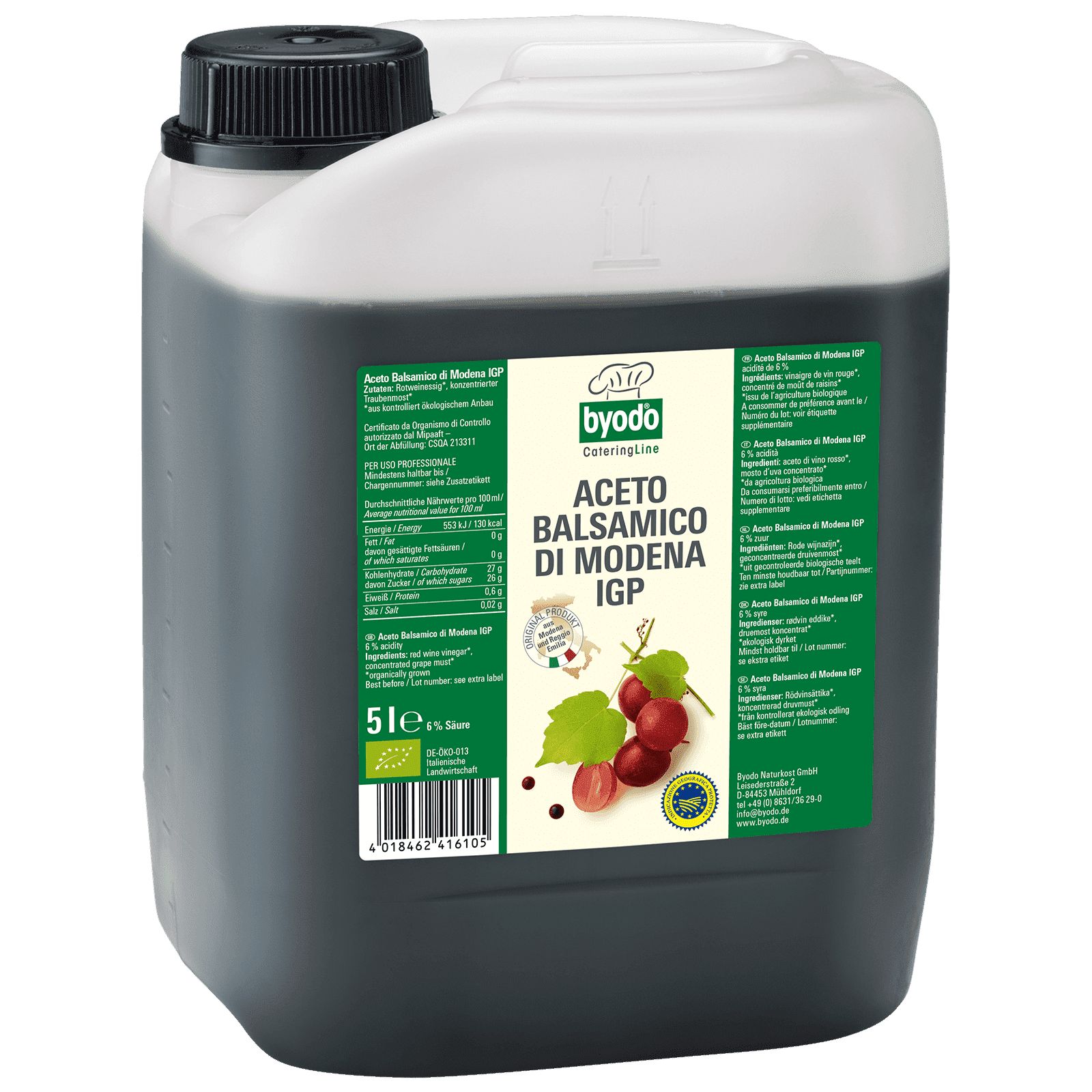 BYODO Aceto Balsamico di Modena IGP Bio in 5-Liter-Kanister. Schwarzer Essig, grüne Etiketten, Bio-Siegel.