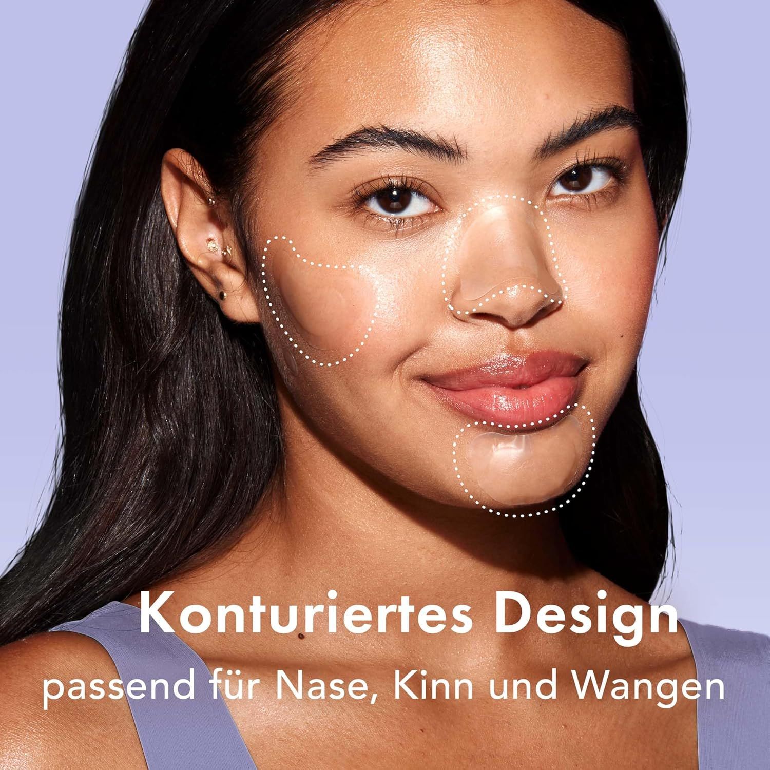 Gesicht einer Frau mit Konturlinien. Text: Konturiertes Design, passend für Nase, Kinn und Wangen.