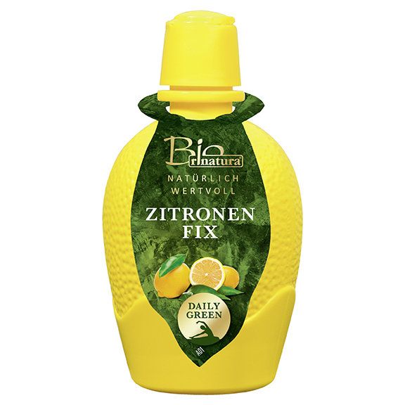 Gelbe Flasche in Zitronenform mit Aufschrift "Zitronen Fix". Grün-weißes Etikett mit Zitronen-Illustrationen.