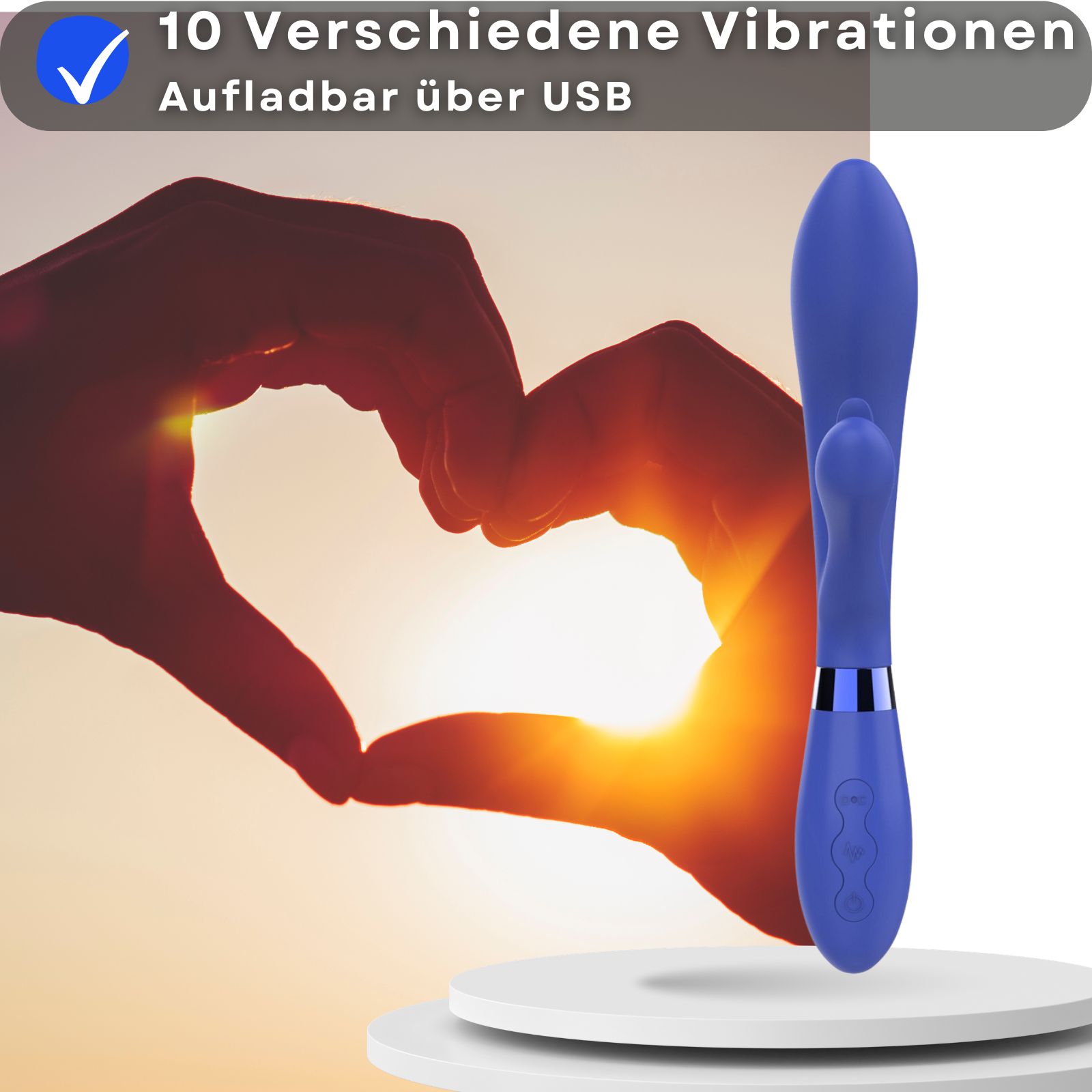Blauer Vibrator. 10 Vibrationen. USB-aufladbar. Sonnenuntergang-Hintergrund.