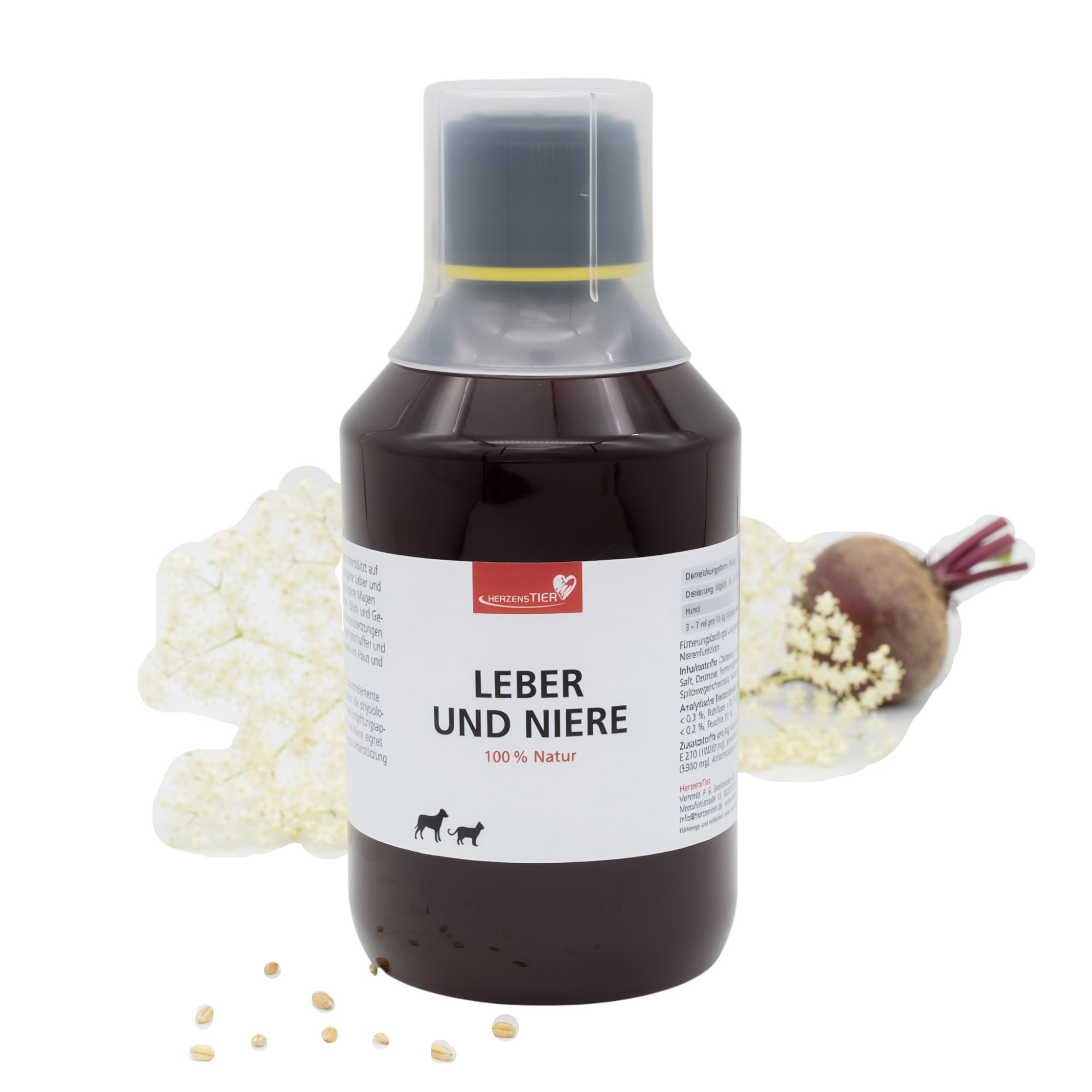 Flasche mit Etikett: Leber und Niere, 100% Natur. Abgebildet sind ein Hund und eine Katze.