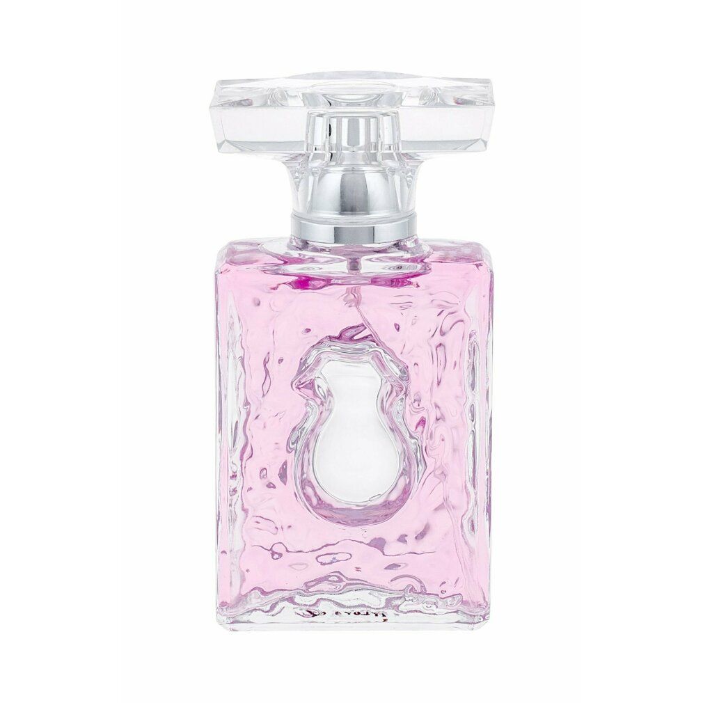 Rosa Flakon mit transparentem Deckel. Geformt wie ein Kleid. Der Flakon hat eine strukturierte Oberfläche.