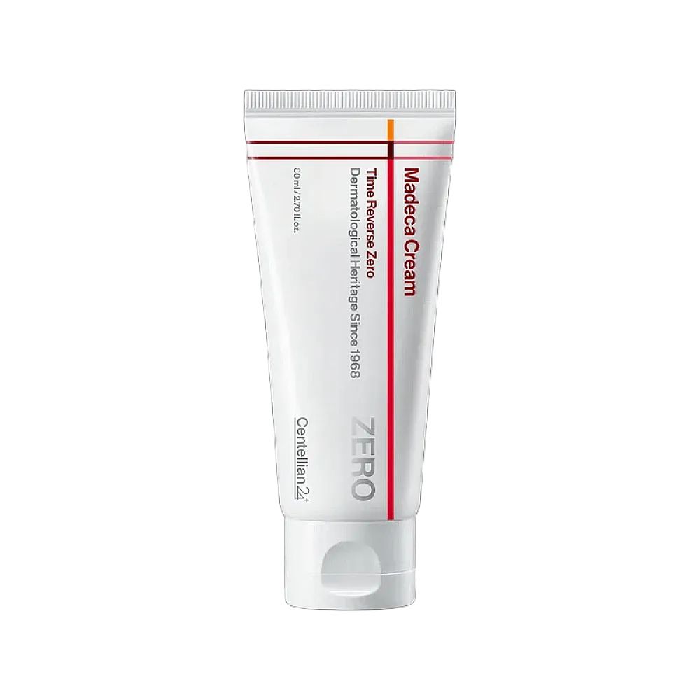 Weiße Tube mit roter und brauner Schrift. Aufschrift: Madeca Cream, Time Reverse Zero, Centellian 24.