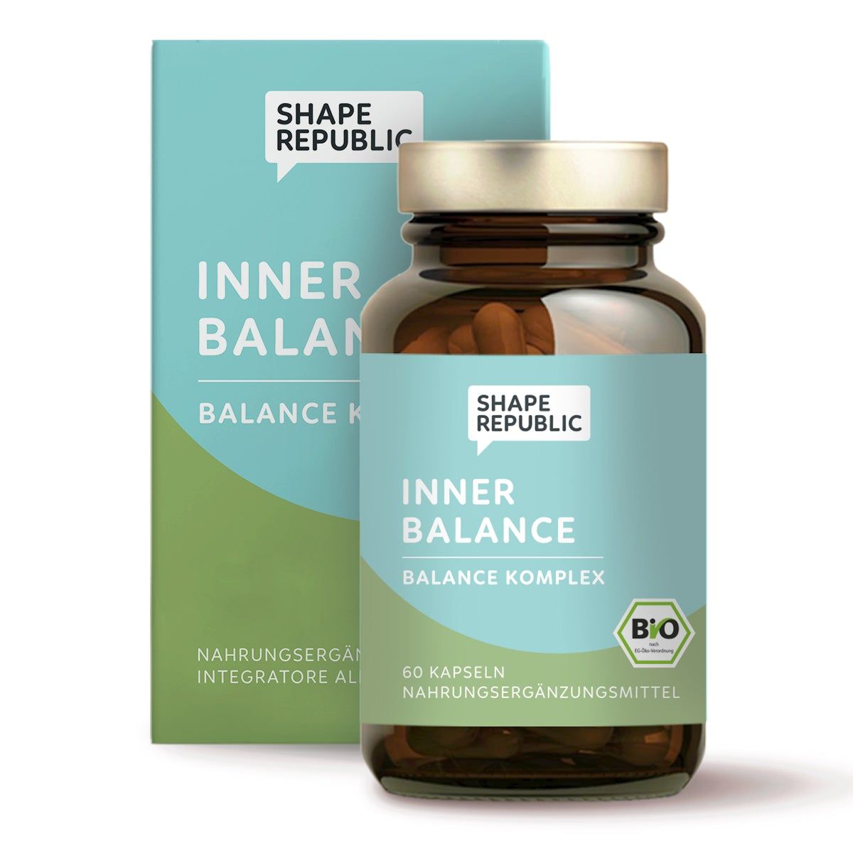 Braune Kapseln in einer braunen Glasflasche mit blau-grüner Verpackung. Aufschrift: INNER BALANCE, BALANCE KOMPLEX.