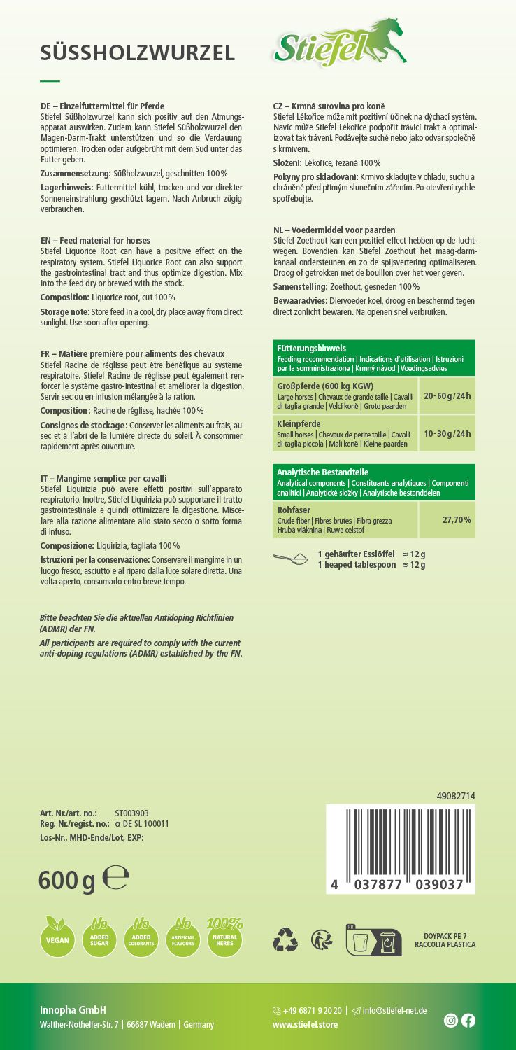 Rückseite der Verpackung von Stiefel Süßholzwurzel. Text in Deutsch, Englisch, Französisch, Italienisch, Niederländisch und Tschechisch. Produktinformationen und Nährwertangaben.
