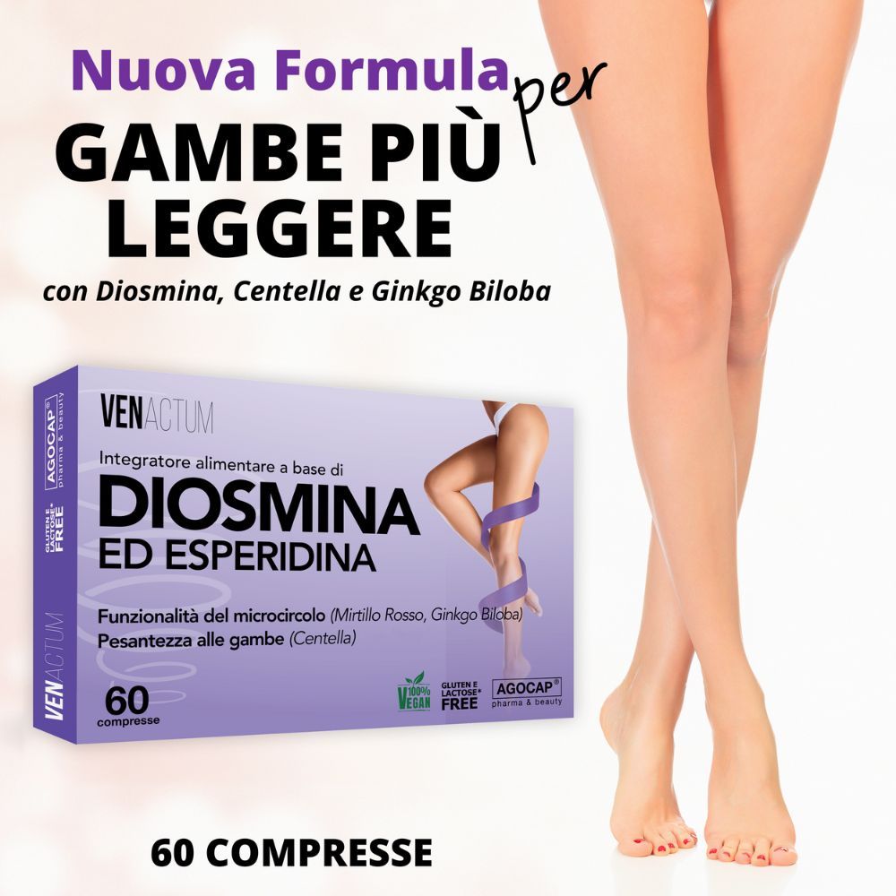 Immagine pubblicitaria con scatola Venactum e gambe. Testo: Nuova formula per gambe più leggere. 60 compresse. Vegano e senza glutine.