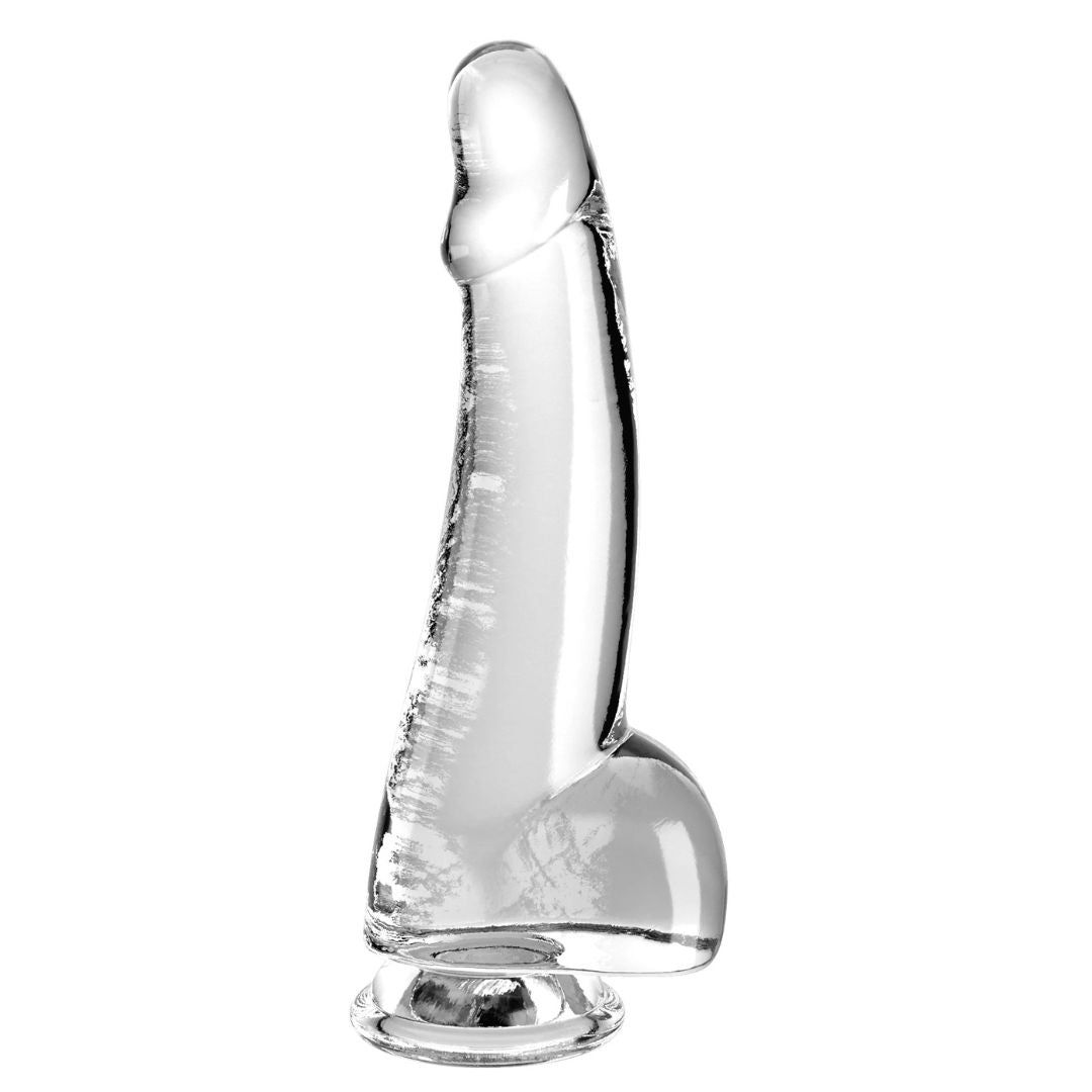 Klarer Dildo. Vertikale Ansicht. Glatte Oberfläche. Basis mit rundem Sockel.