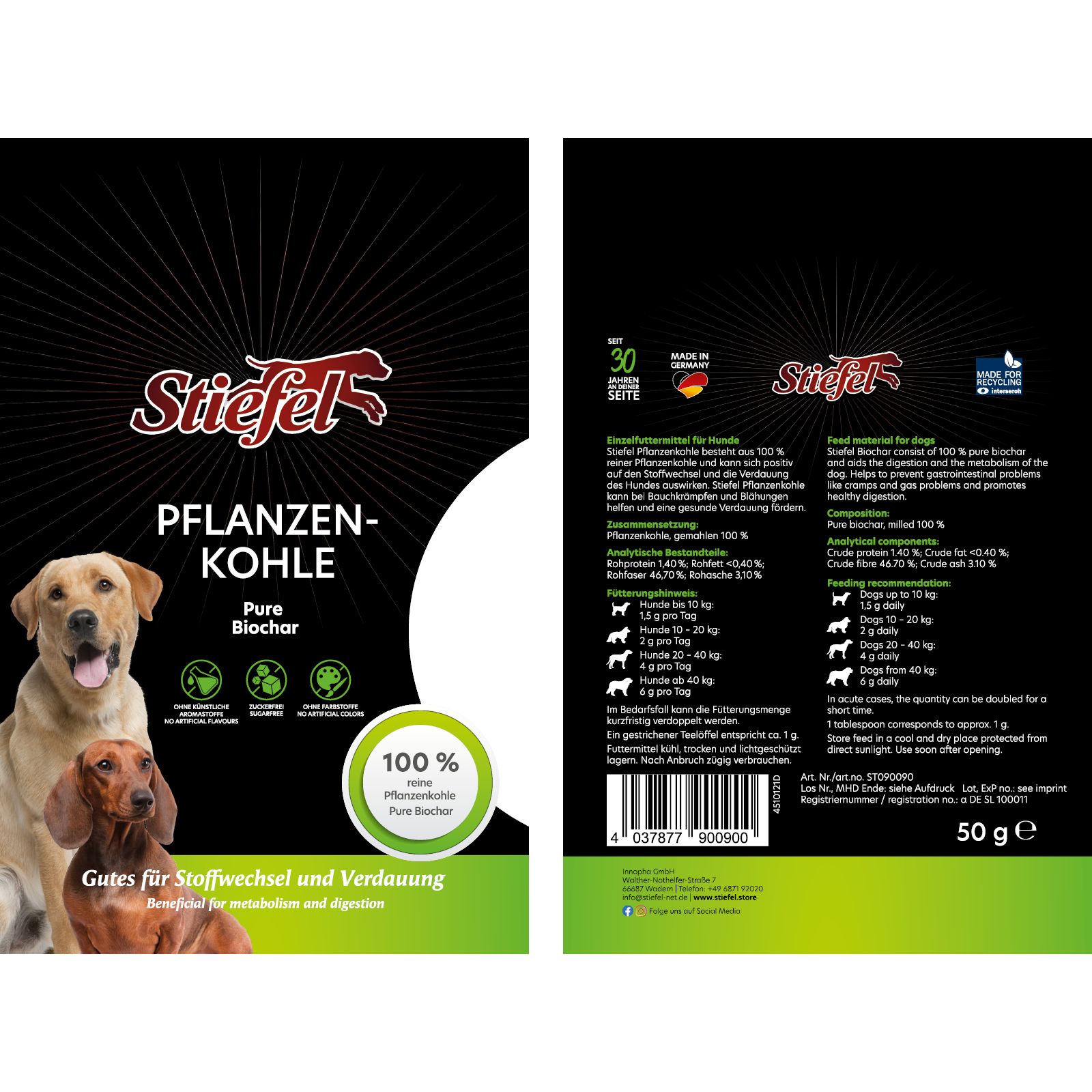 Verpackung von Stiefel Pflanzenkohle. Schwarzer Hintergrund mit Produktnamen und Logo. Enthält Informationen zur Zusammensetzung und Fütterungsempfehlung.