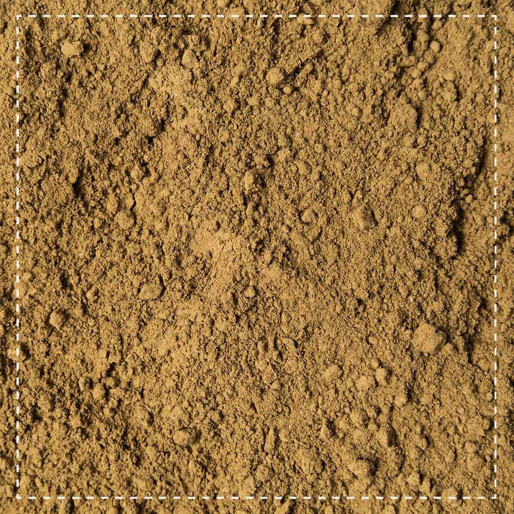 Nahaufnahme von braunem Pulver. Quadratischer Ausschnitt mit gestrichelter Linie. Textur sichtbar.