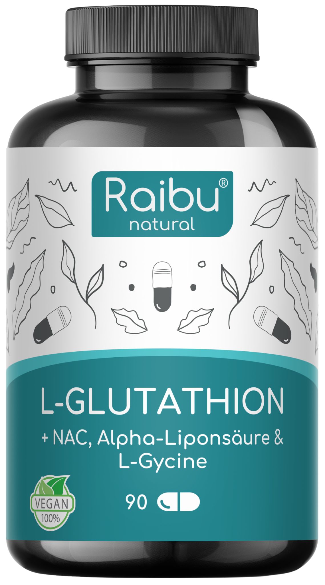 Schwarze Flasche mit Kapseln. Aufschrift: L-Glutathion, NAC, Alpha-Liponsäure & L-Glycin. Vegan-Siegel. 90 Kapseln.