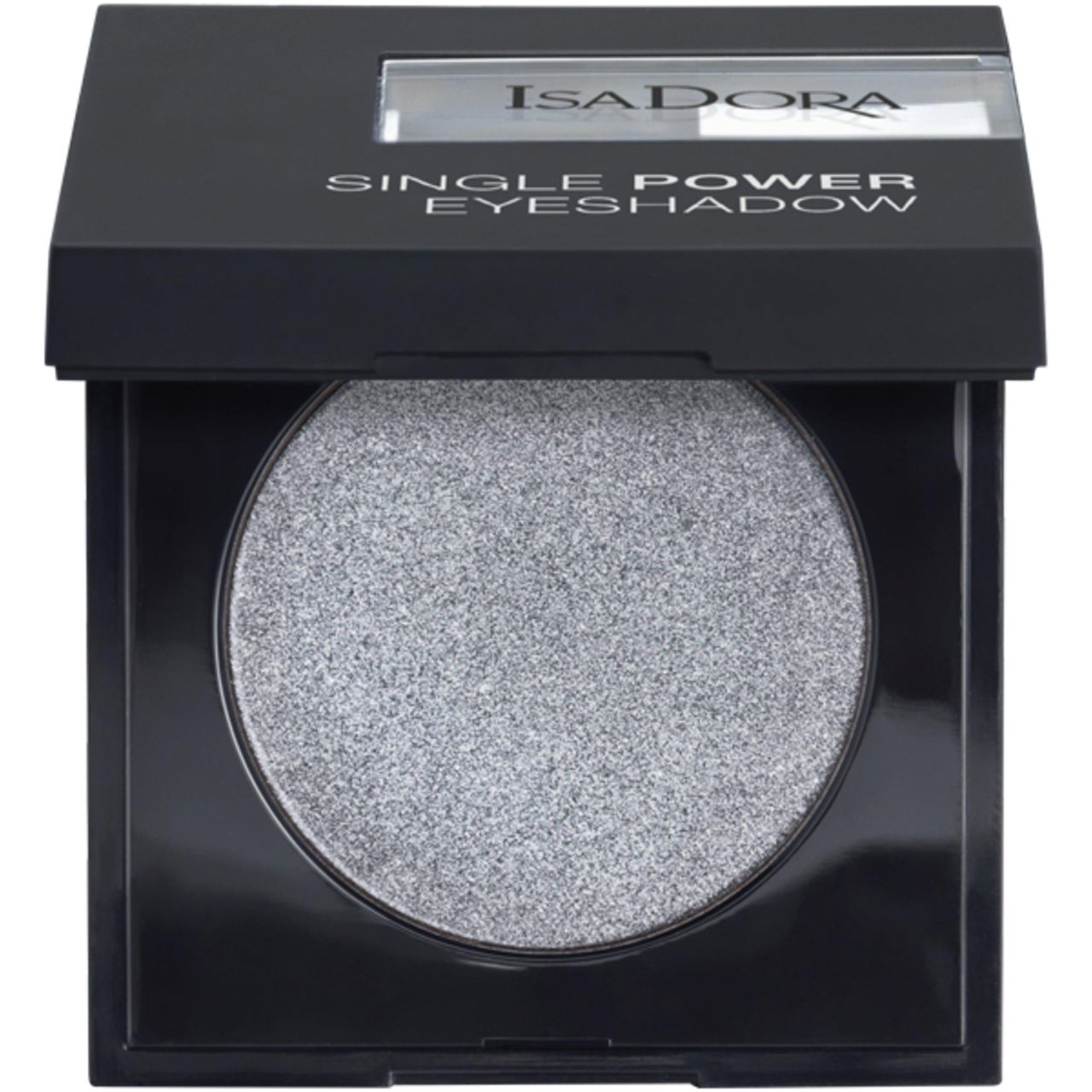 IsaDora Single Power Lidschatten. Schwarze quadratische Verpackung mit silbernem Lidschatten. Deckel mit Markennamen und Produktbezeichnung.
