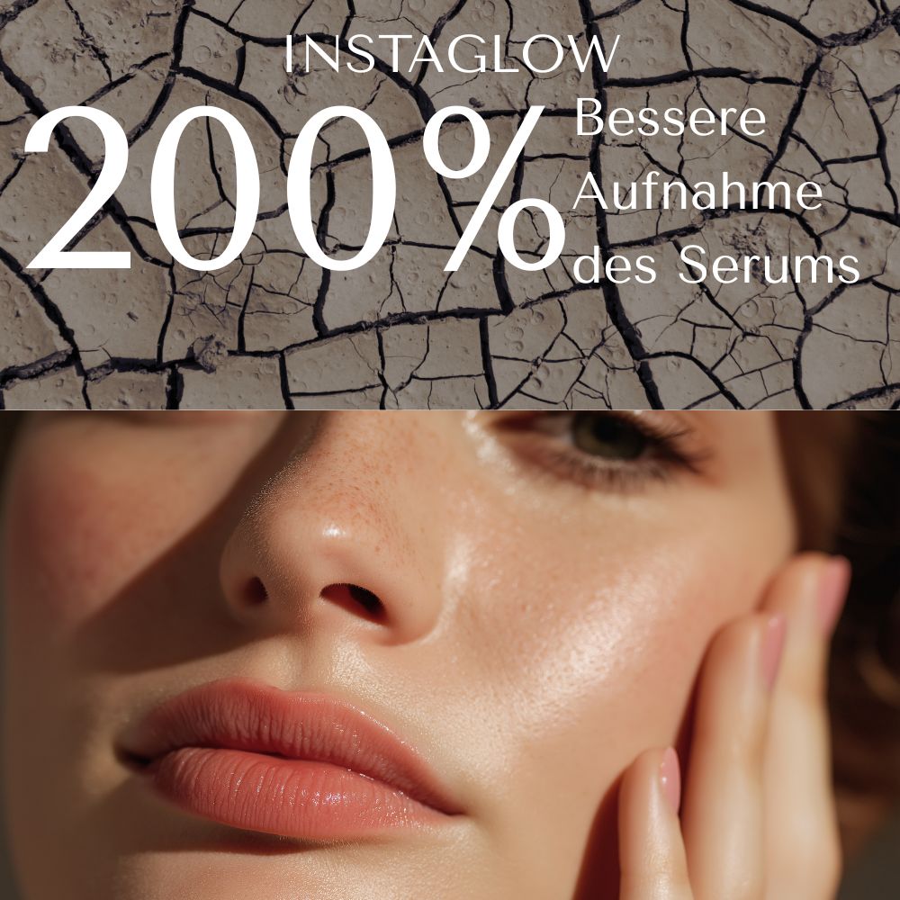 Frauen mit Instaglow-Produkt. Text: Nur 5-7 Minuten pro Anwendung, 3 Anwendungen pro Kit.