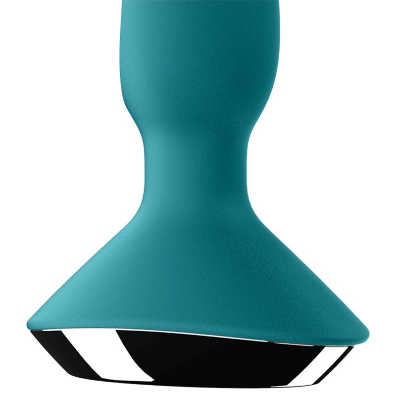 Detailansicht des türkisfarbenen Plug. Basis mit silberner und schwarzer Oberfläche.