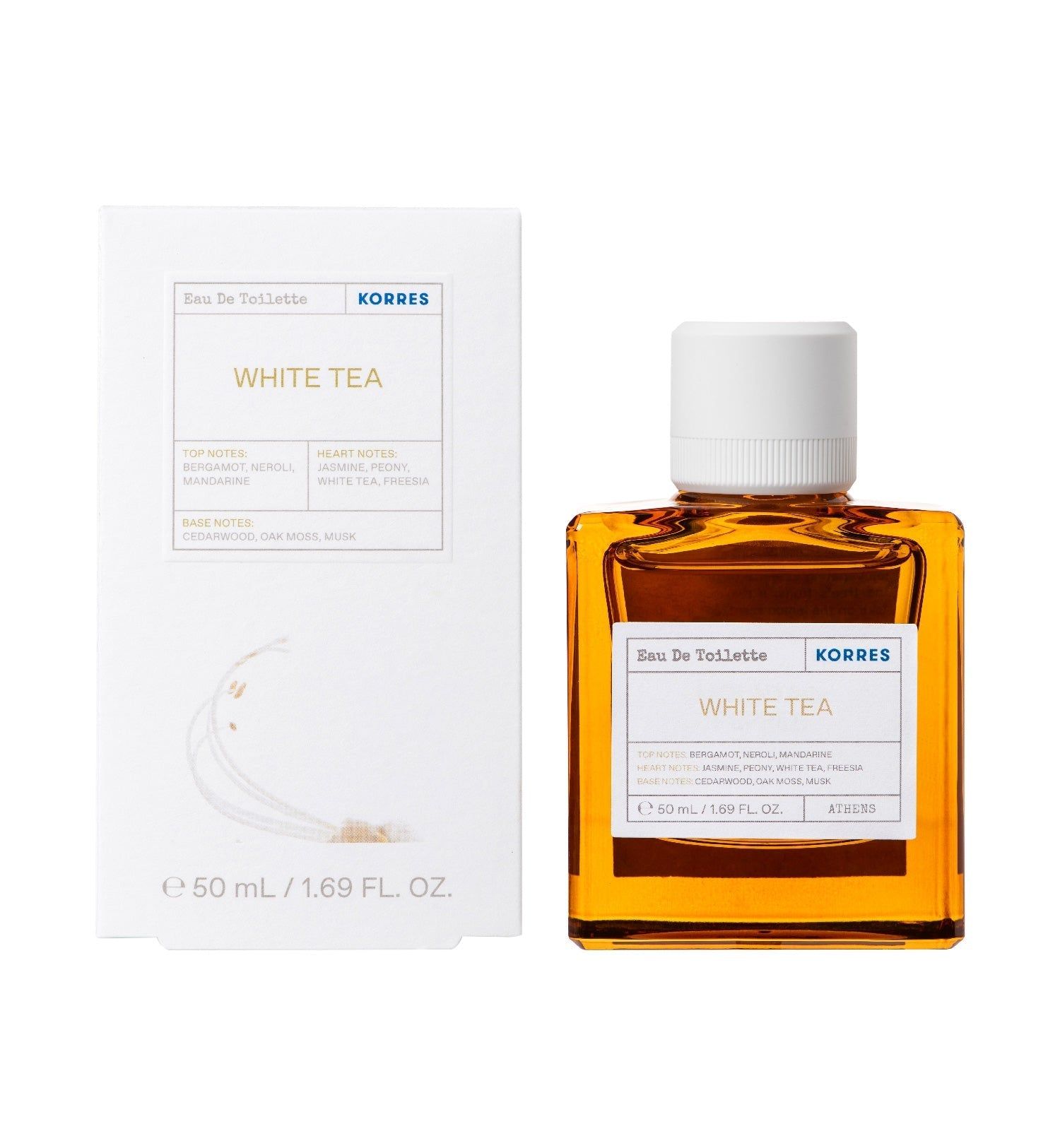 KORRES White Tea Eau de Toilette. Eckige Glasflasche mit weißem Deckel. Weiße Verpackung mit Produktinformationen.