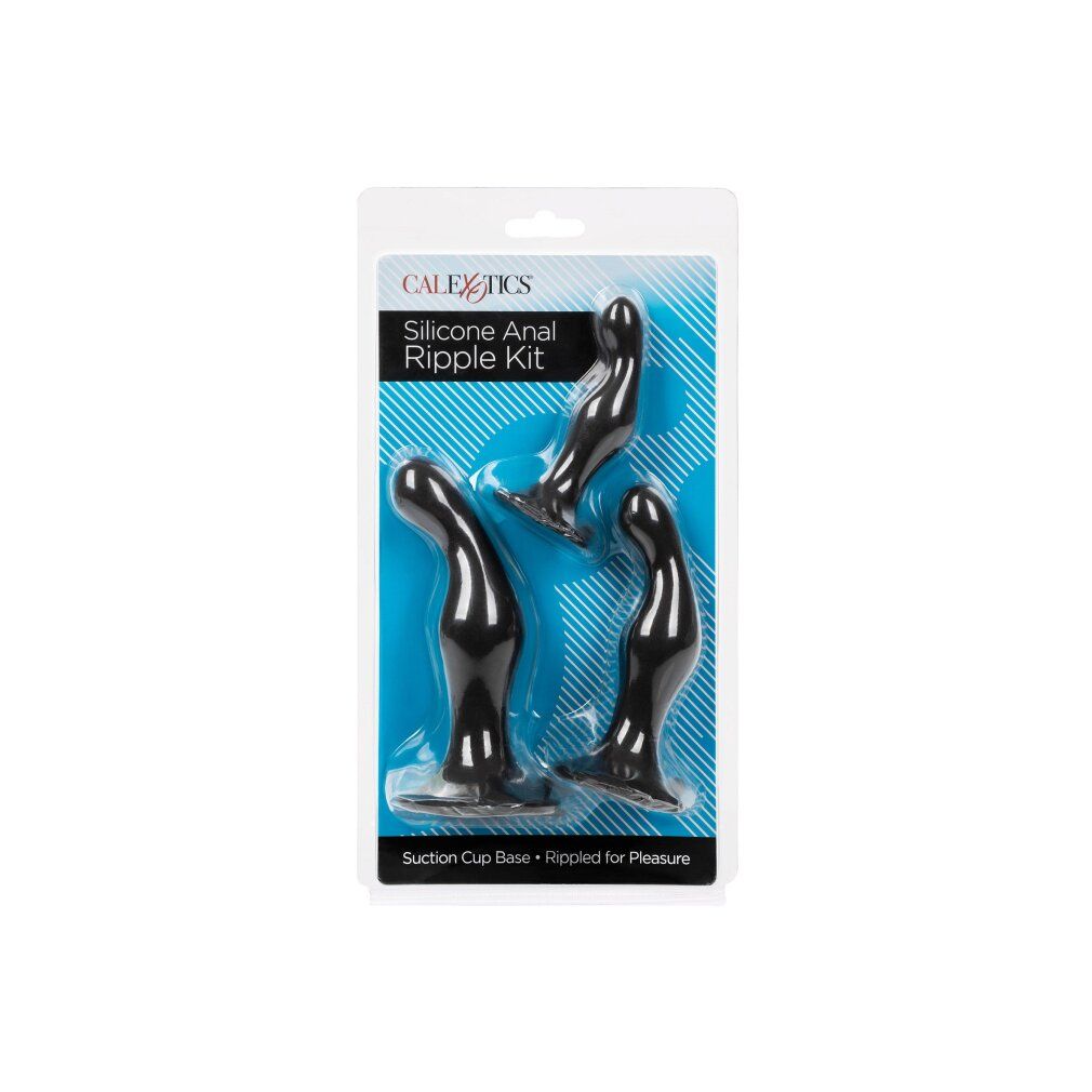 Verpackung mit drei schwarzen Anal-Stöpseln. Marke Calexotics. Aufschrift: Silicone Anal Ripple Kit.