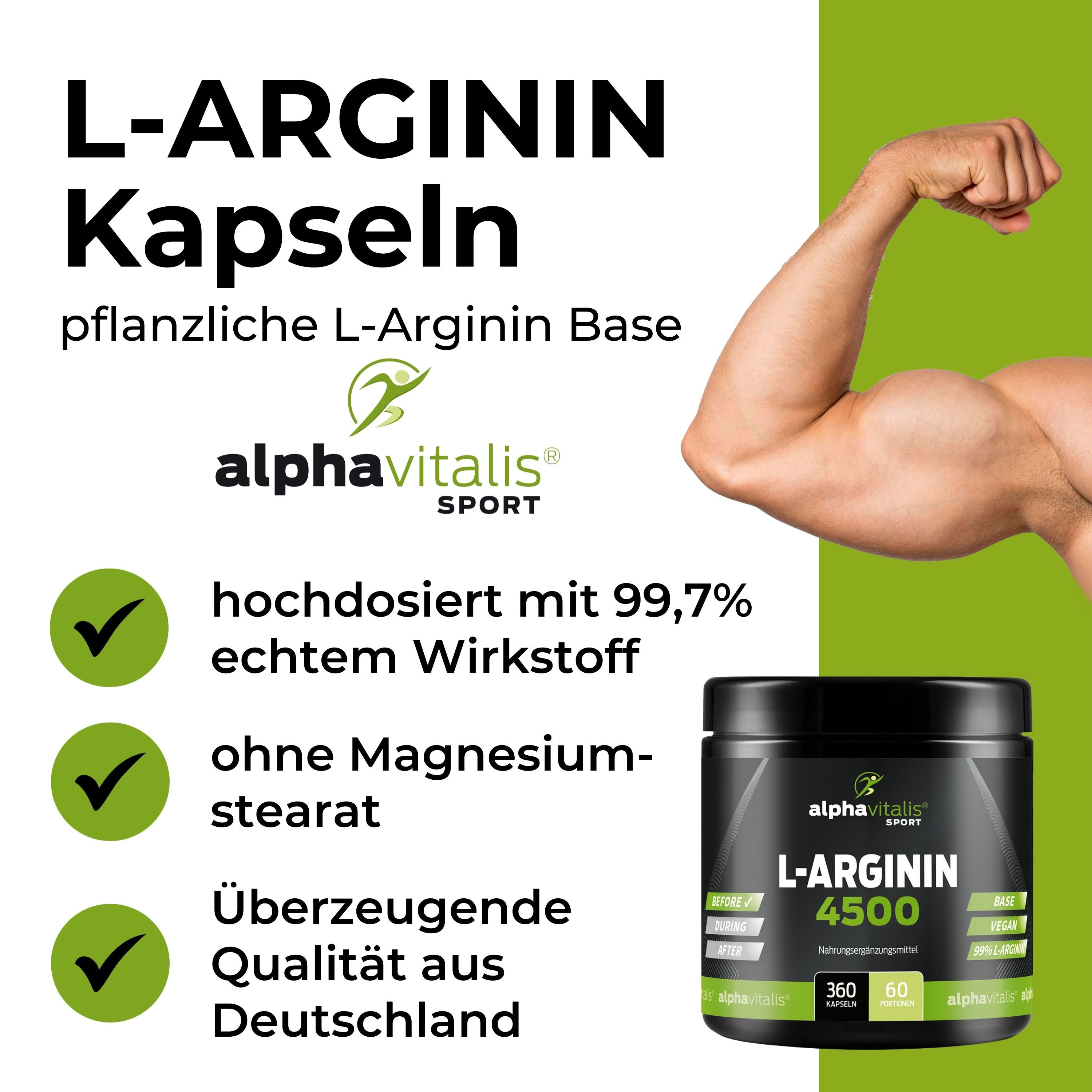 Produktabbildung mit Dose und Arm. Text: L-Arginin Kapseln, hochdosiert mit 99,7% echtem Wirkstoff, ohne Magnesiumstearat.