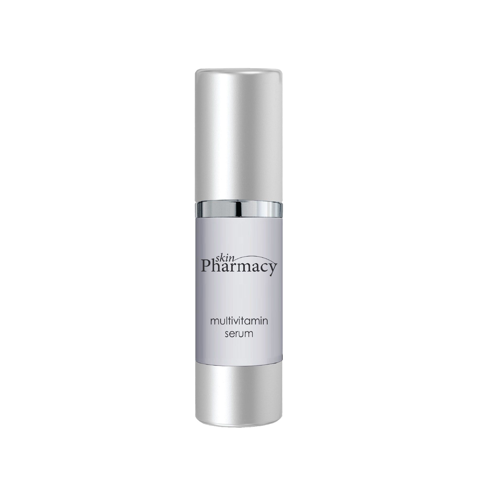 Silberne Flasche mit "skin Pharmacy" und "multivitamin serum" Aufschrift. Vertikale Ansicht.