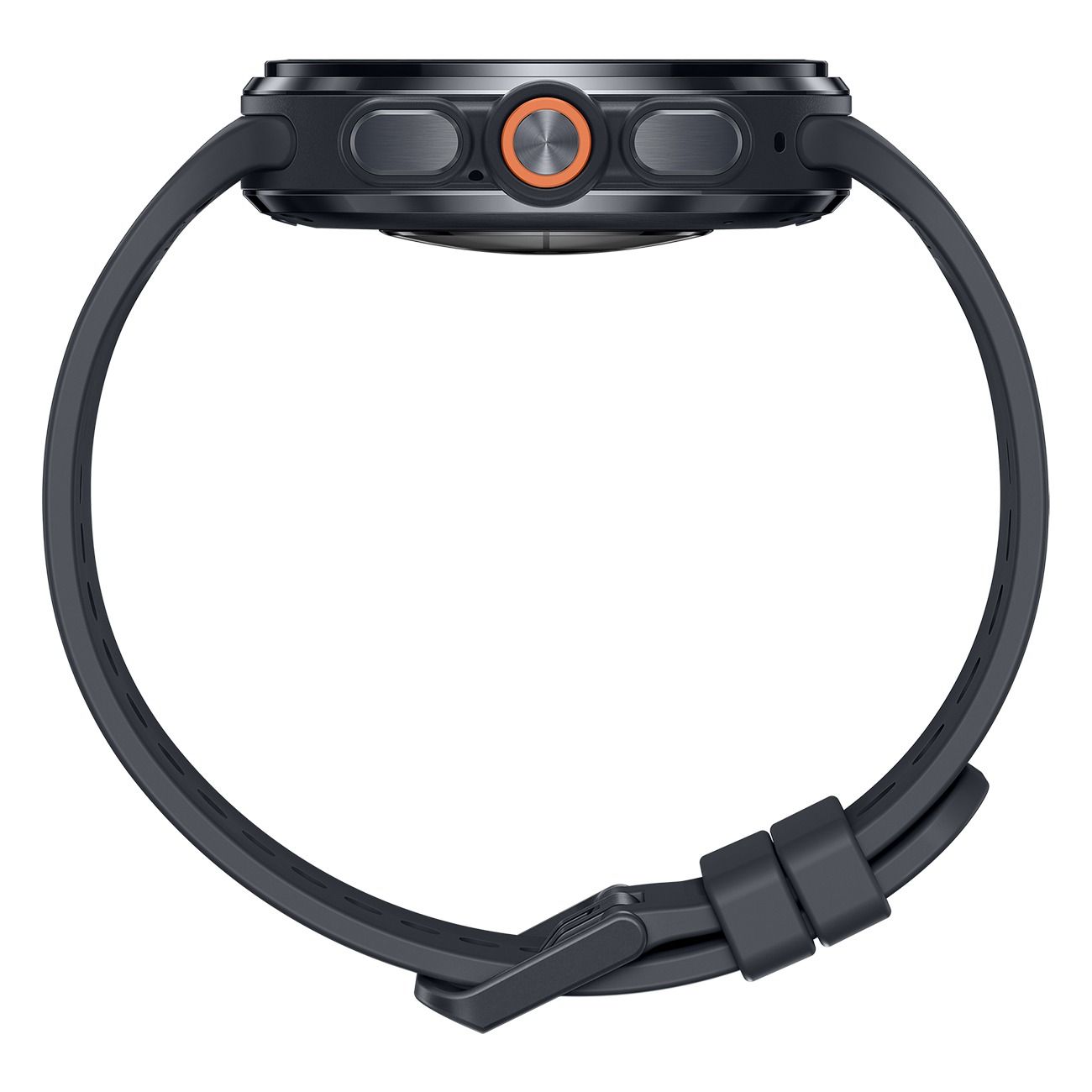 Dunkelgraue Smartwatch mit schwarzem Armband und orangefarbenem Knopf an der Seite.