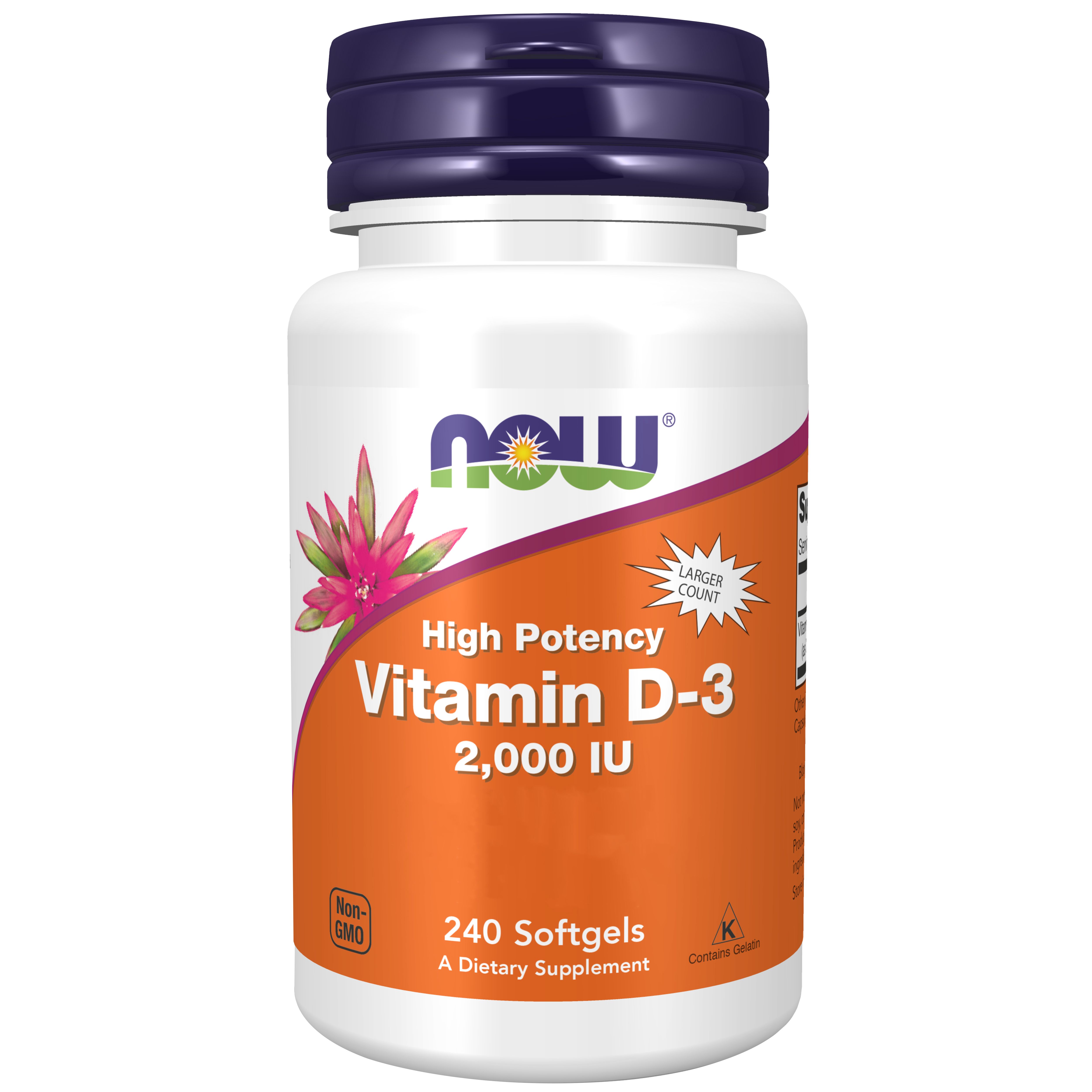 Weiße Flasche mit blauem Deckel. Aufschrift: Vitamin D-3, 2.000 IU, 240 Softgels. Marke: NOW.