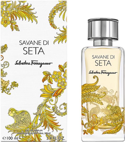 Parfümflasche und Verpackung. Aufschrift: Savane Di Seta. Goldfarbenes Muster. 100 ml.