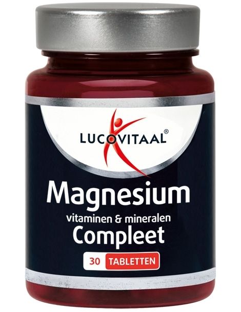 Braune Flasche mit silbernem Deckel. Enthält Lucovitaal Magnesium, Vitaminen & Mineralen Compleet. 30 Tabletten.