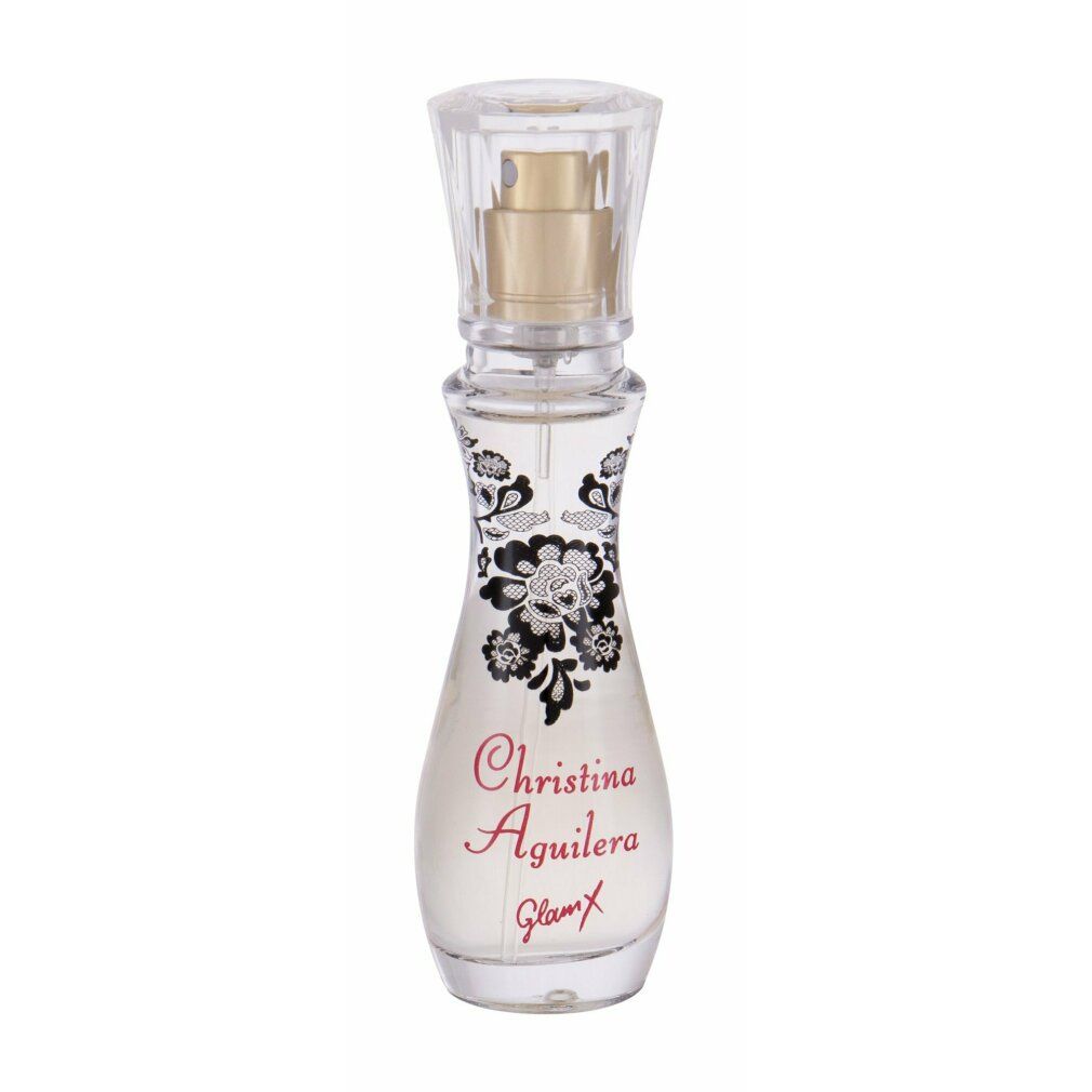 Parfümflakon mit schwarzem Blumenmuster. Aufschrift: Christina Aguilera Glam X. Transparenter Flakon mit Sprühkopf.