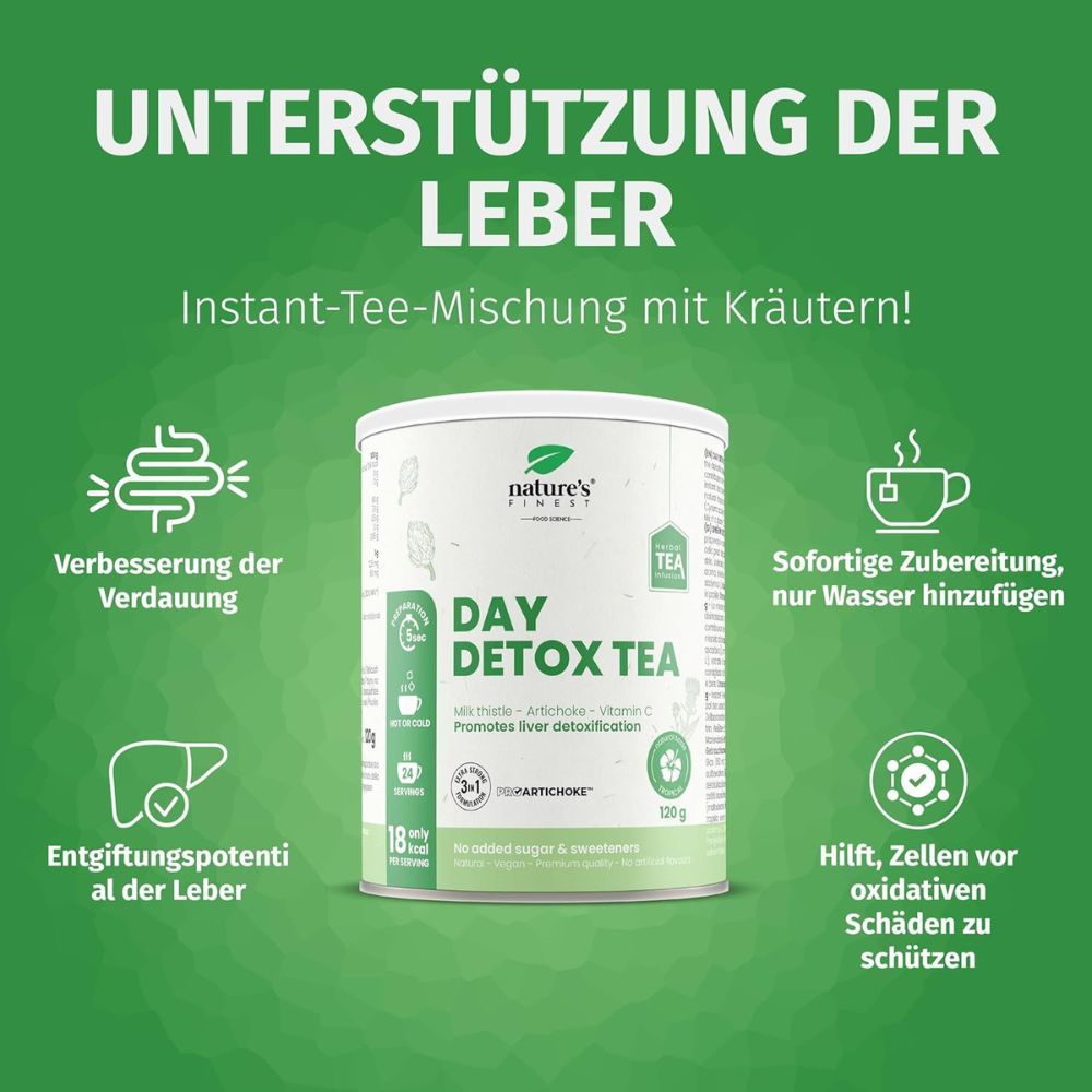Dose Nature's Finest Day Detox Tea. Text: Day Detox Tea, 100g. Abbildungen: Verdauung, Leber, Antioxidantien, sofortige Zubereitung.