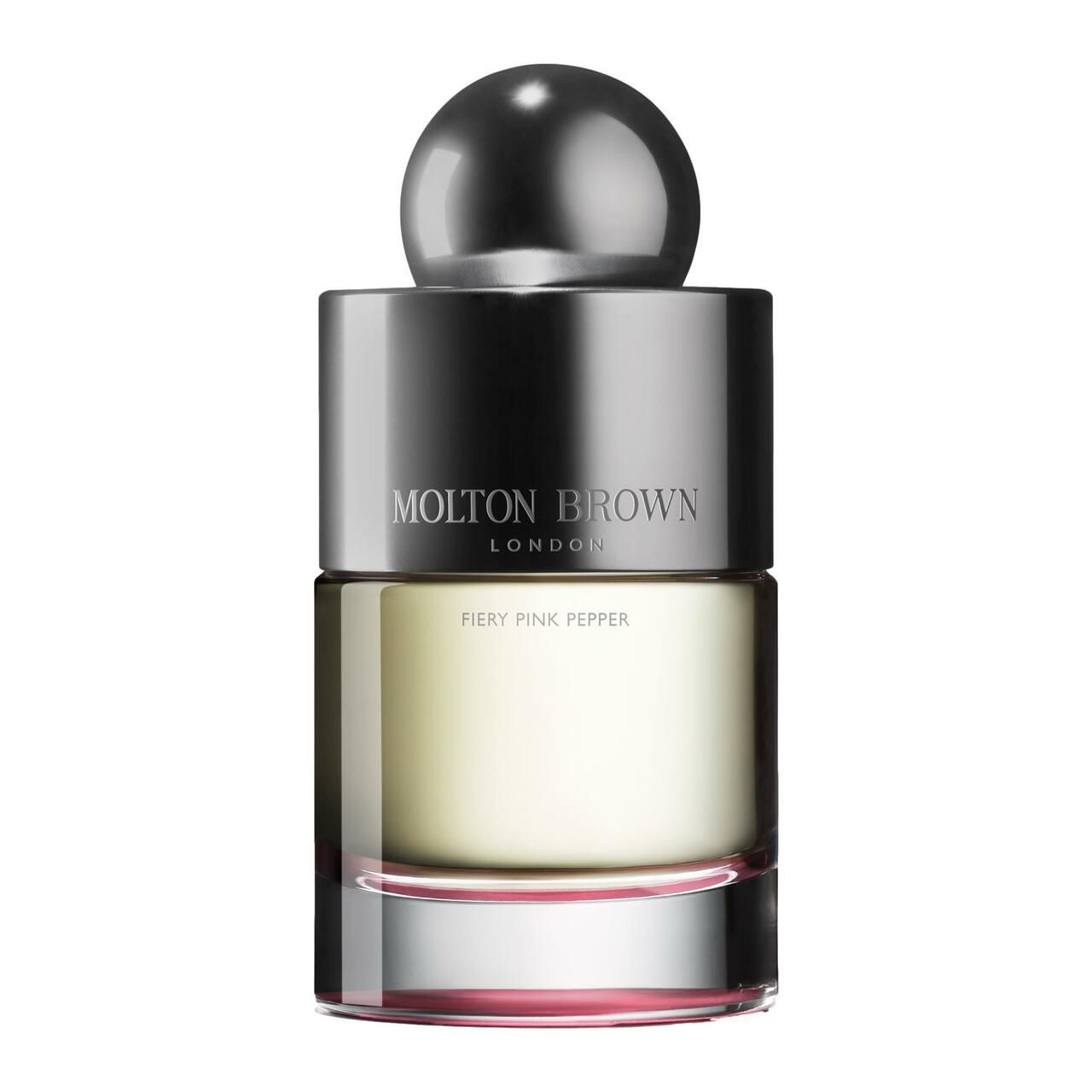 Flakon mit silberfarbenem Verschluss. Aufschrift: MOLTON BROWN LONDON, FIERY PINK PEPPER. Flüssigkeit rosa.