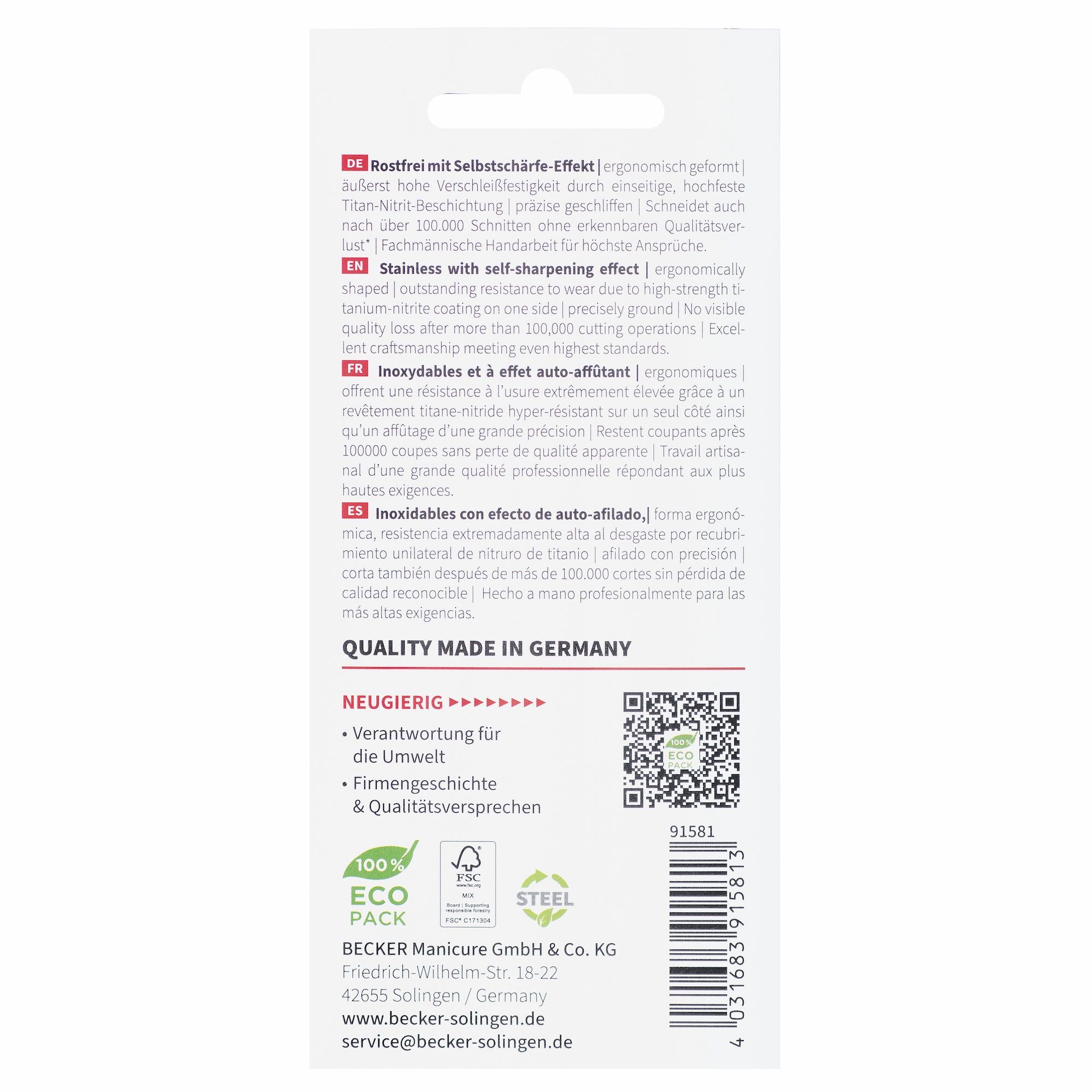 Rückseite der Verpackung mit Text in mehreren Sprachen. Informationen zu Materialien und Herkunft.