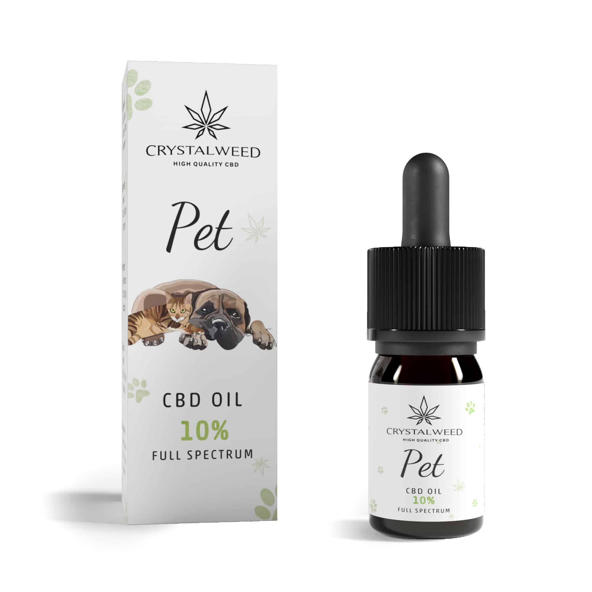 CBD-Öl-Flasche und -Verpackung. Auf der Verpackung: Marke CRYSTALWEED, Pet, CBD OIL 10%. Auf der Flasche: Pet, CBD OIL 10%.
