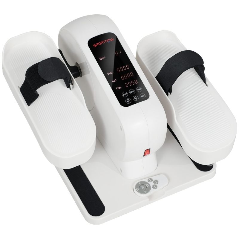 Weißes Mini-Ellipsentrainer-Fitnessgerät mit Display. Schwarze Riemen, rote Taste. Anzeige von Daten.