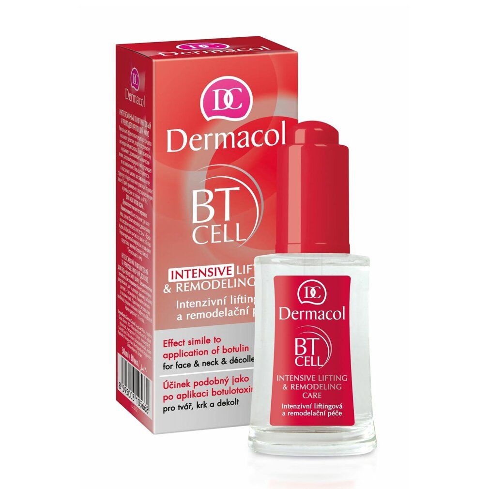 Serumflasche mit rotem Verschluss und Verpackung. Aufschrift: Dermacol BT CELL Intensive Lifting & Remodeling Care.