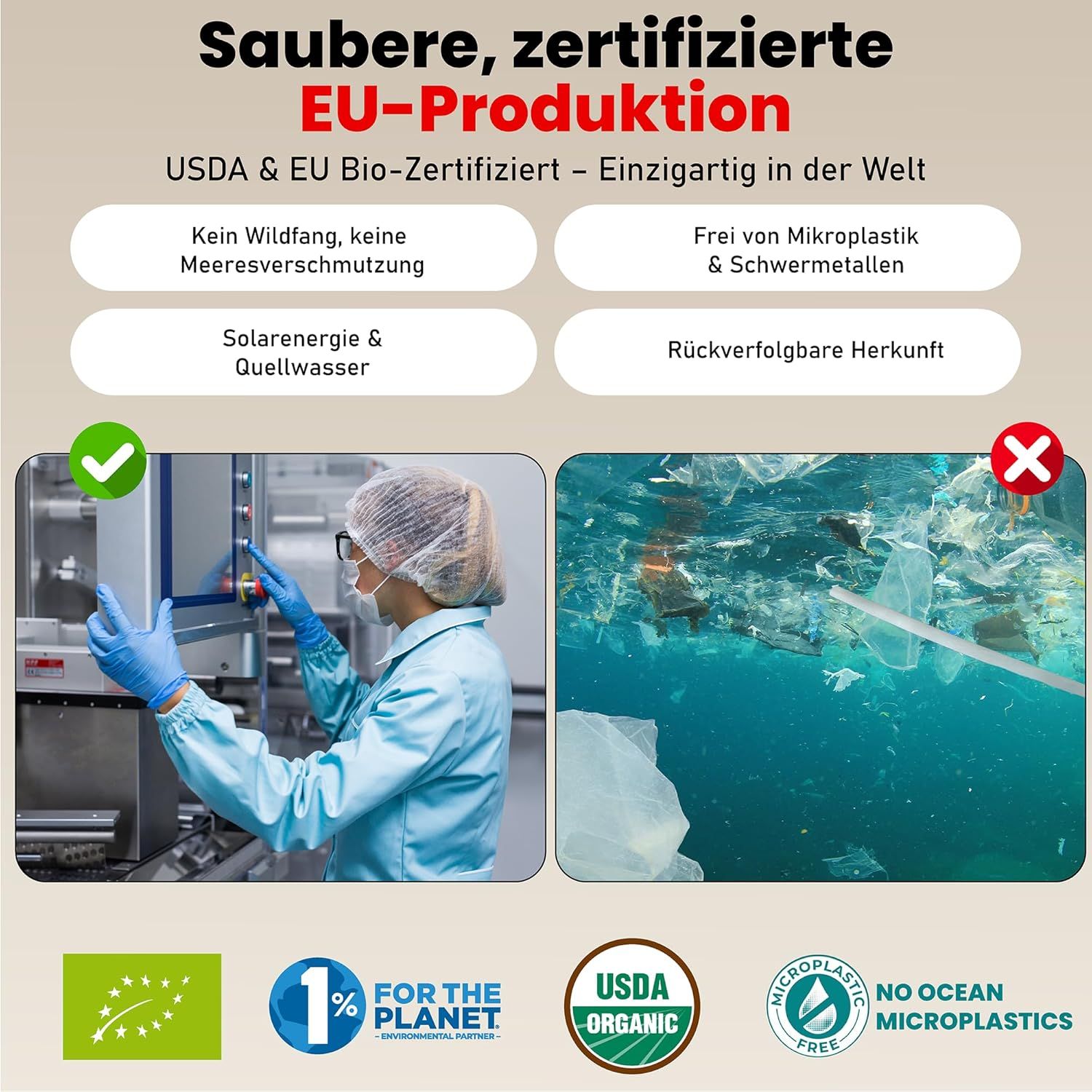 Zertifizierte EU-Produktion. Links: Arbeiterin in Fabrik. Rechts: Verschmutztes Meer. EU Bio-Siegel, Microplastic Free, USDA Organic.