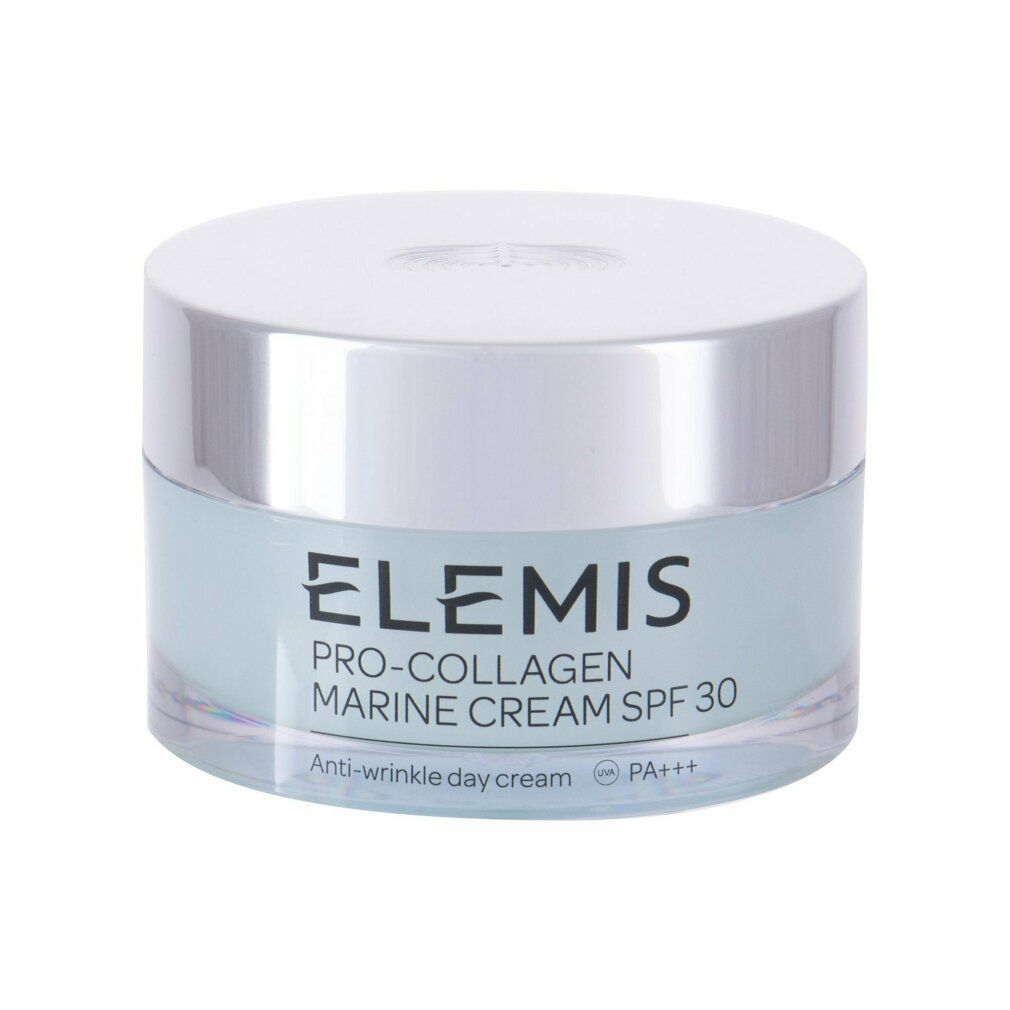 Creme-Tiegel mit silbernem Deckel. Aufschrift: Elemis Pro-Collagen Marine Cream SPF 30. Anti-Falten-Tagescreme.