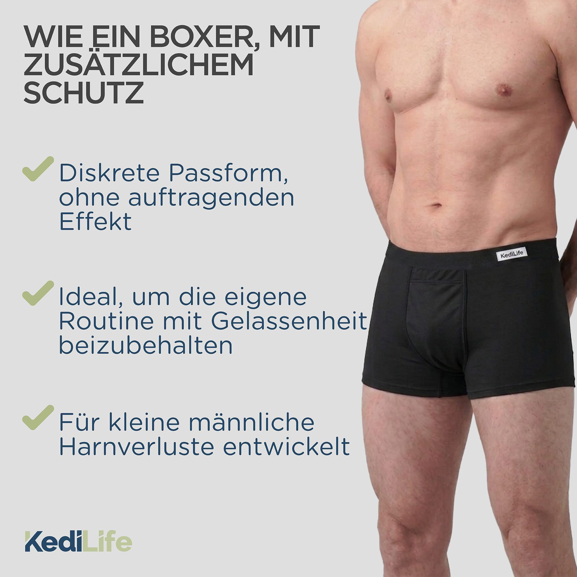 KediLife Inkontinenzunterhose für Herren, Boxershorts Schwarz