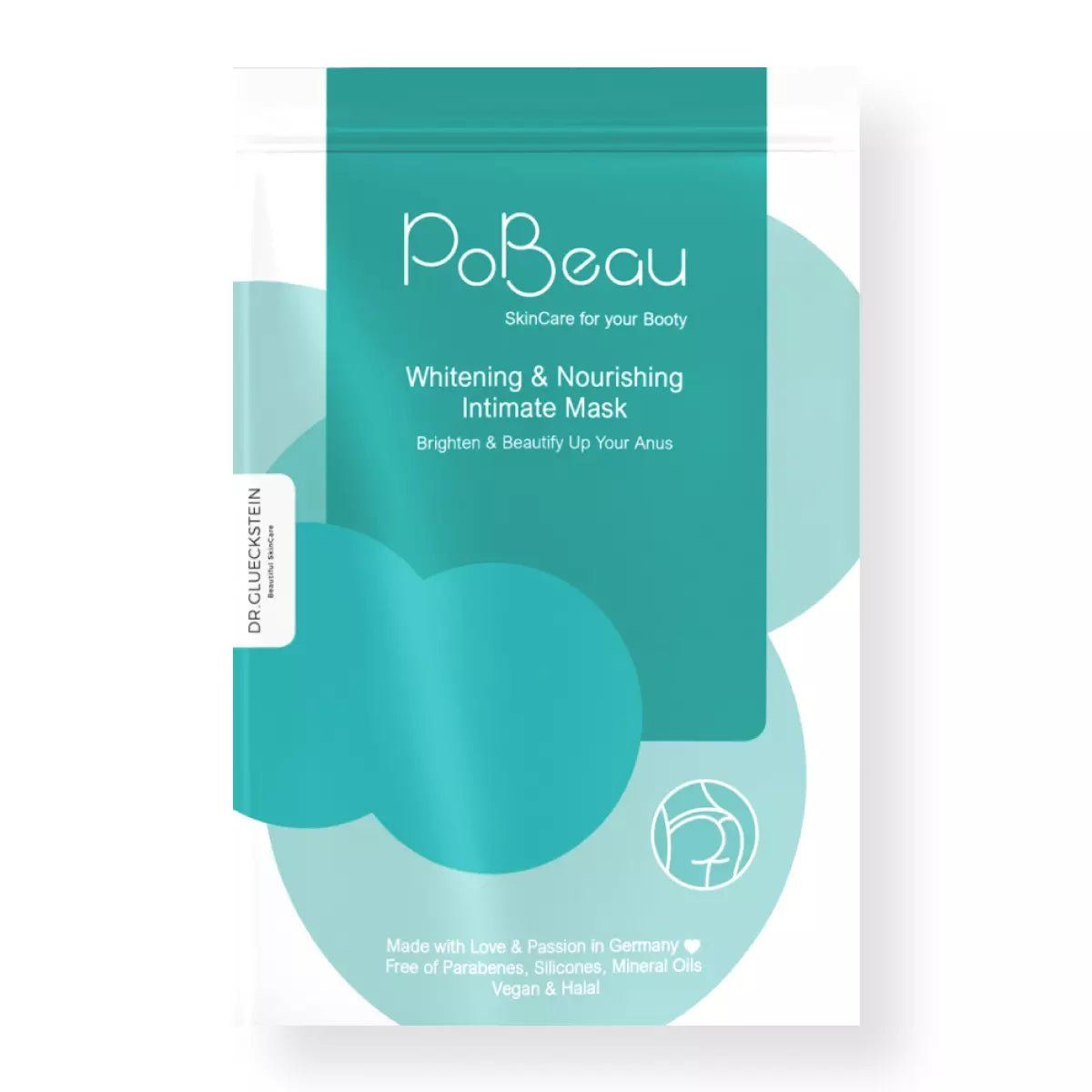 Pobeau Intimmaske in Verpackung. Weiß-türkis Beutel mit Produktname, Beschreibung und Logo. Text: Whitening & Nourishing Intimate Mask.