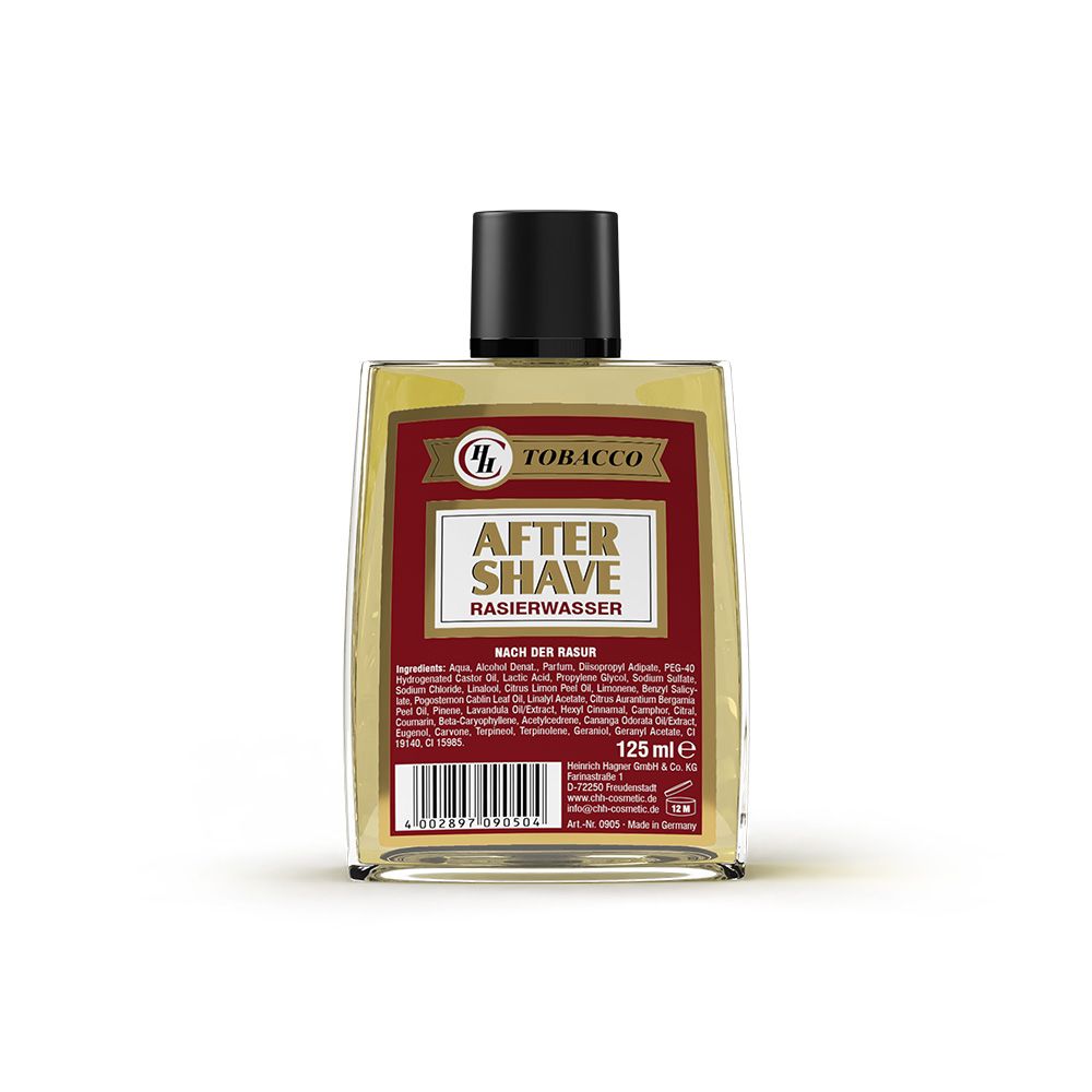 Rechteckige Flasche mit schwarzem Deckel. Etikett mit "Tobacco After Shave Rasierwasser". 125 ml.