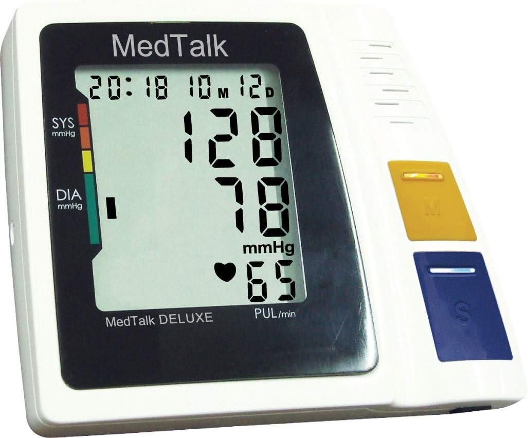 Digitales Blutdruckmessgerät mit Display. Zeigt Werte für Systole, Diastole und Puls. Marke: MedTalk.