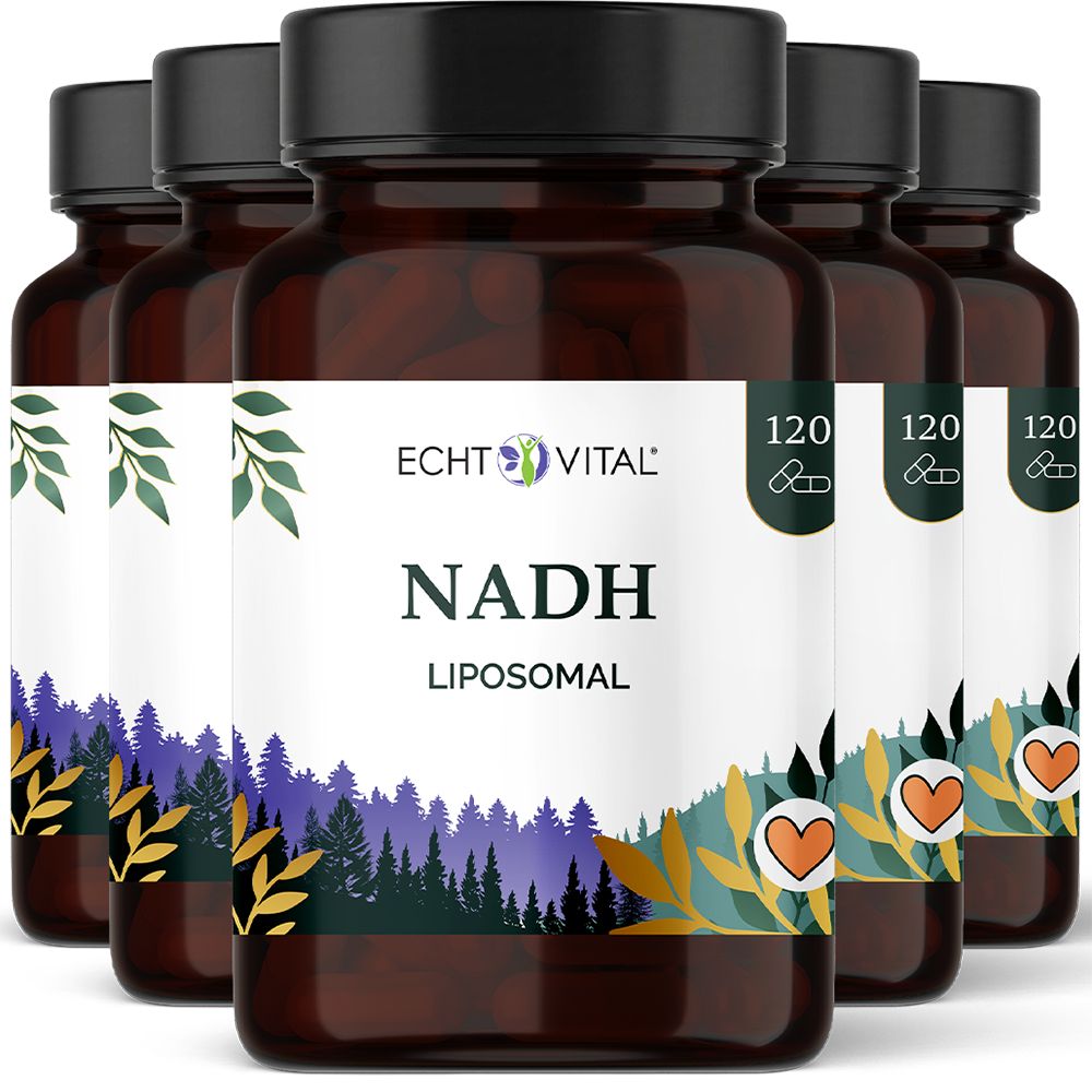 Flaschen mit Echt Vital NADH Liposomal Nahrungsergänzungsmitteln, 120 Kapseln pro Flasche.